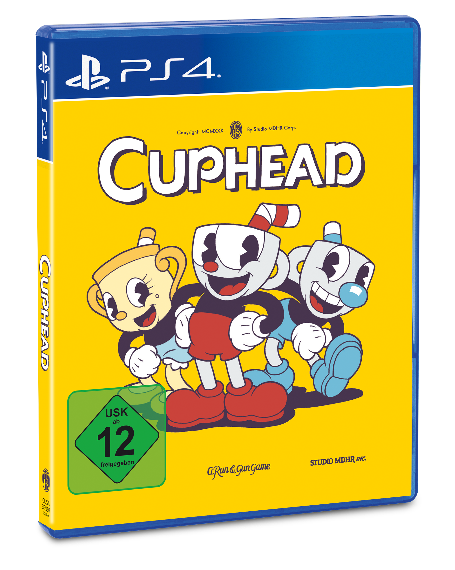 Cuphead PS4-Spielbox-Art. Drei Zeichentrickfiguren mit gelbem und blauem Hintergrund.