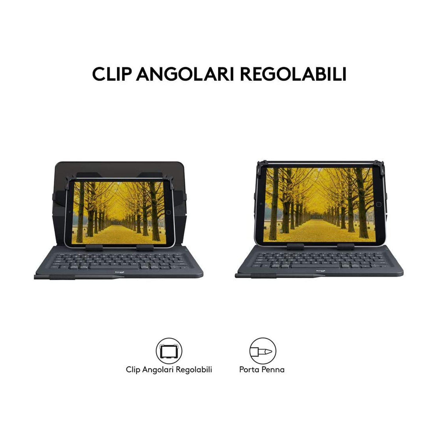 Due tablet in custodie su sfondo bianco. Il testo sopra le custodie dice 'Clip Angolari Regolabili'.