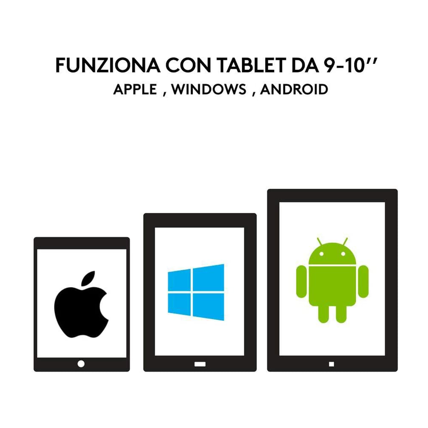 Tre contorni di tablet che mostrano i loghi Apple, Windows e Android.