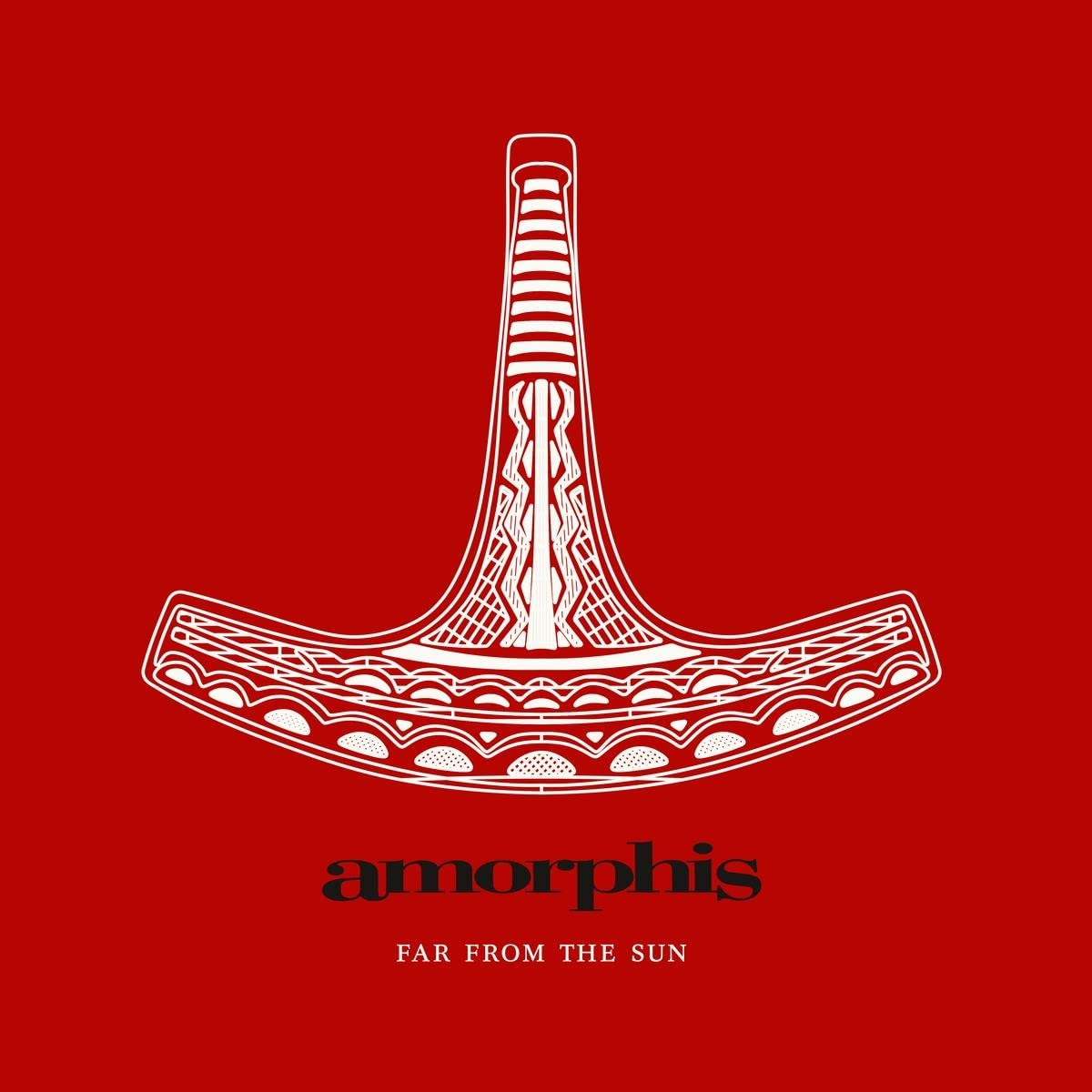 Fehér kalapács grafika piros háttérben. Szöveg: Amorphis - Far From The Sun.