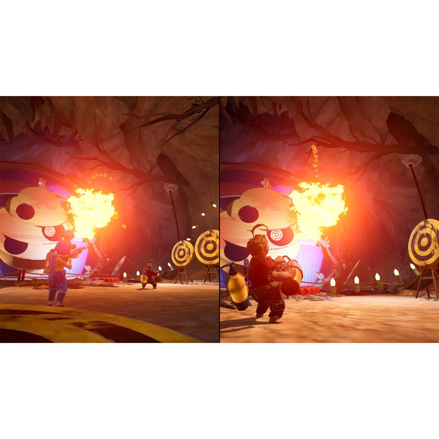 Due figure in un gioco che sparano fiamme a bersagli in un ambiente di caverna. Ci sono bersagli di legno.