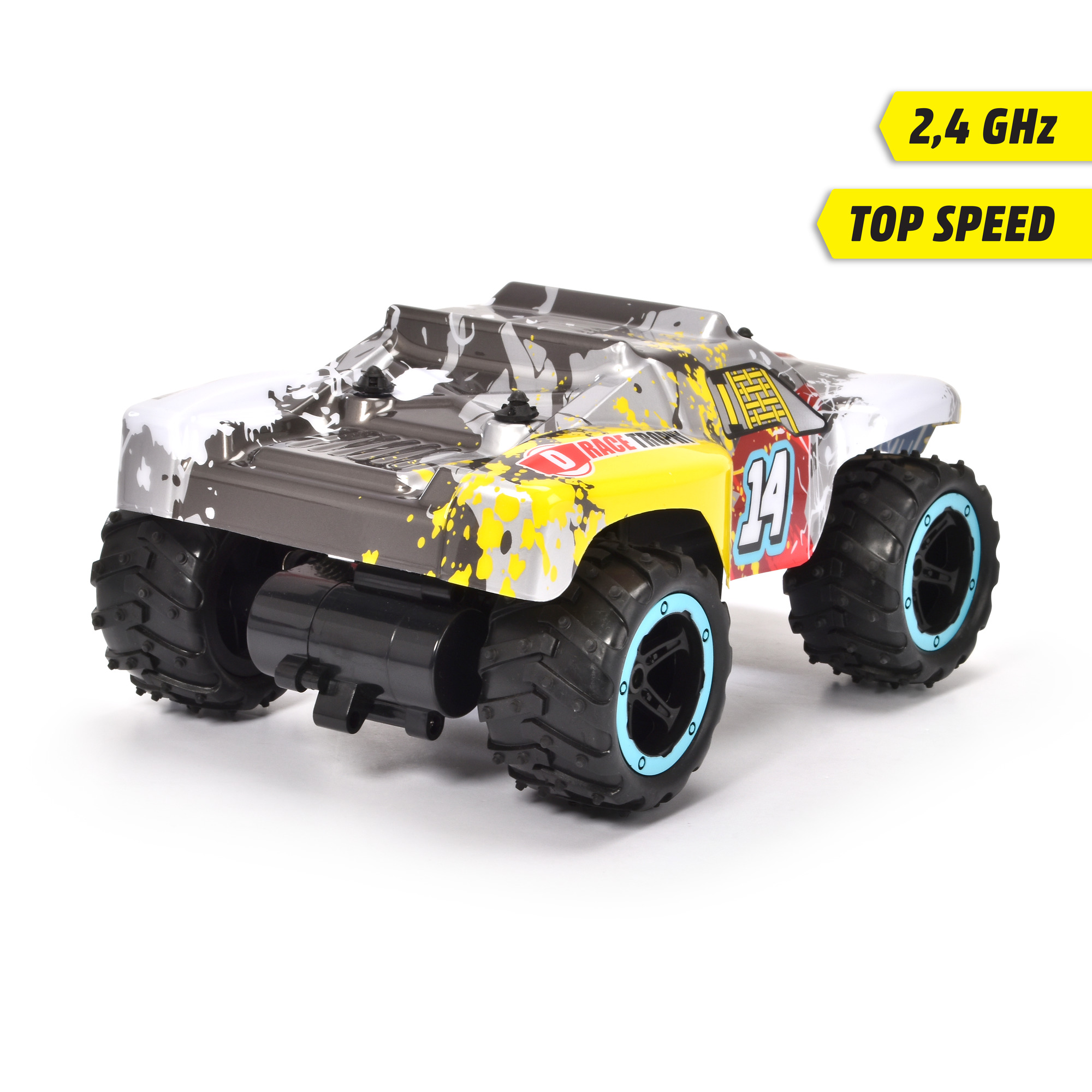 Ein weißer, grauer, gelber und schwarzer RC-Truck mit großen Reifen. Auf der Seite steht '14'.