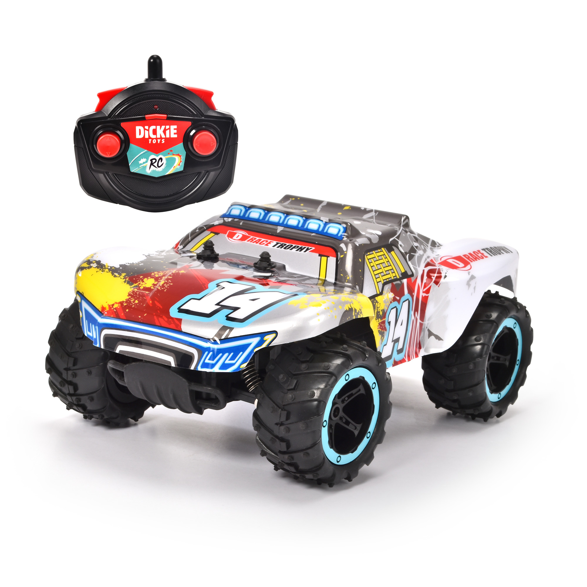 Ein ferngesteuerter Spielzeug-Truck mit farbenfrohen Farbspritzern und einem roten Dickie Toys RC Controller.