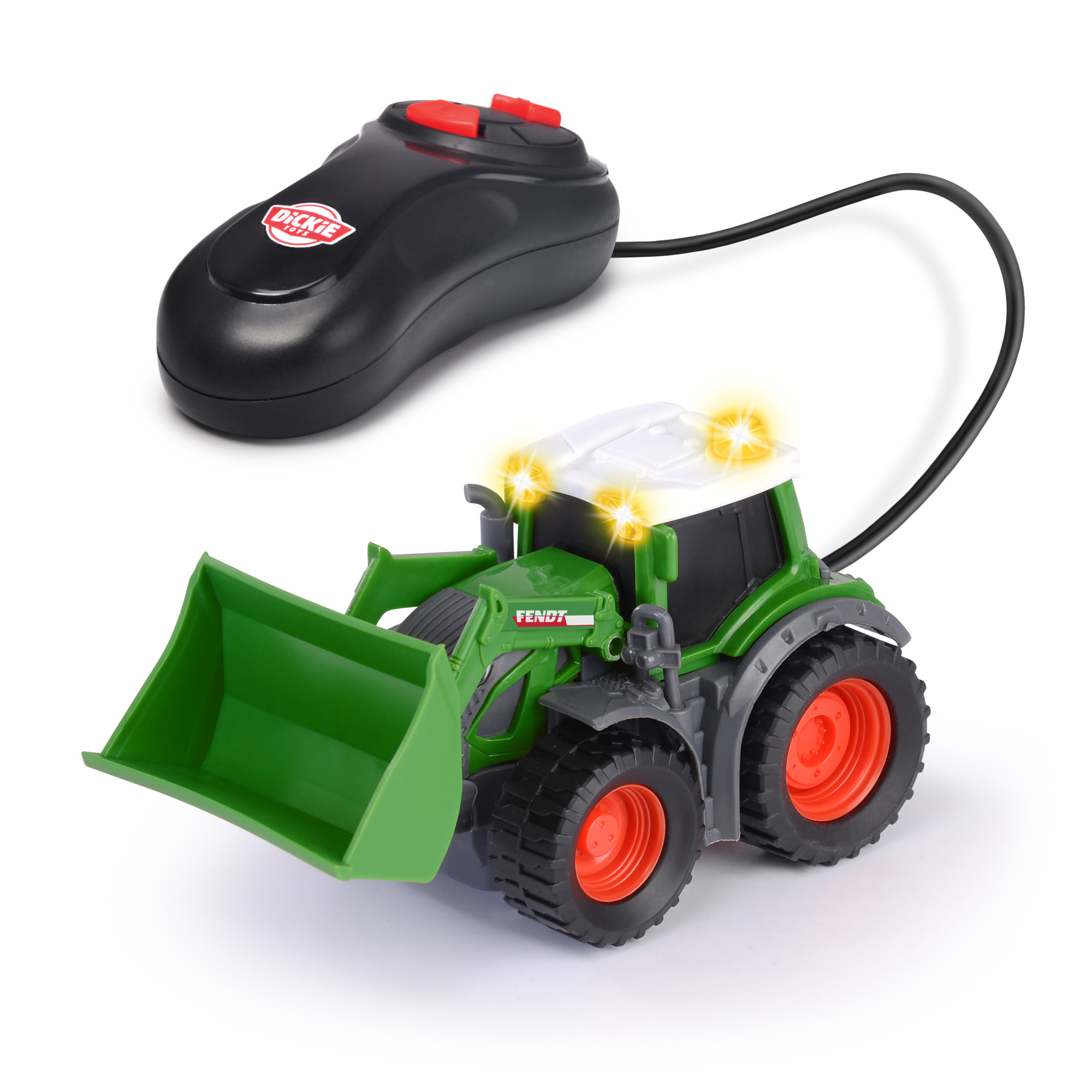 Ein grüner und grauer Spielzeugtraktor mit einem grünen Schaufel. Er hat eine schwarze Fernbedienung.