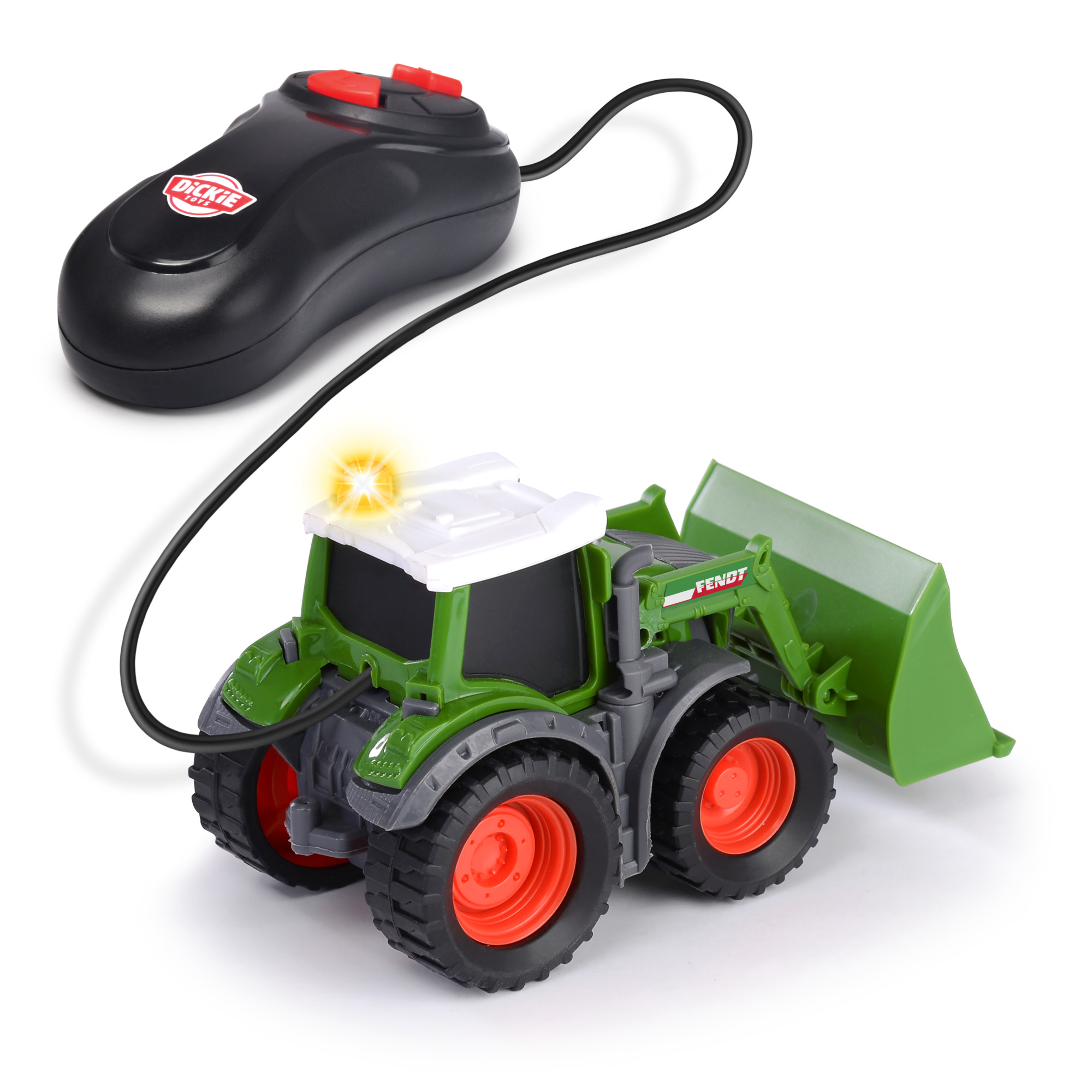 Grüner und grauer Spielzeugtraktor mit Fernbedienung und weißem Hintergrund.