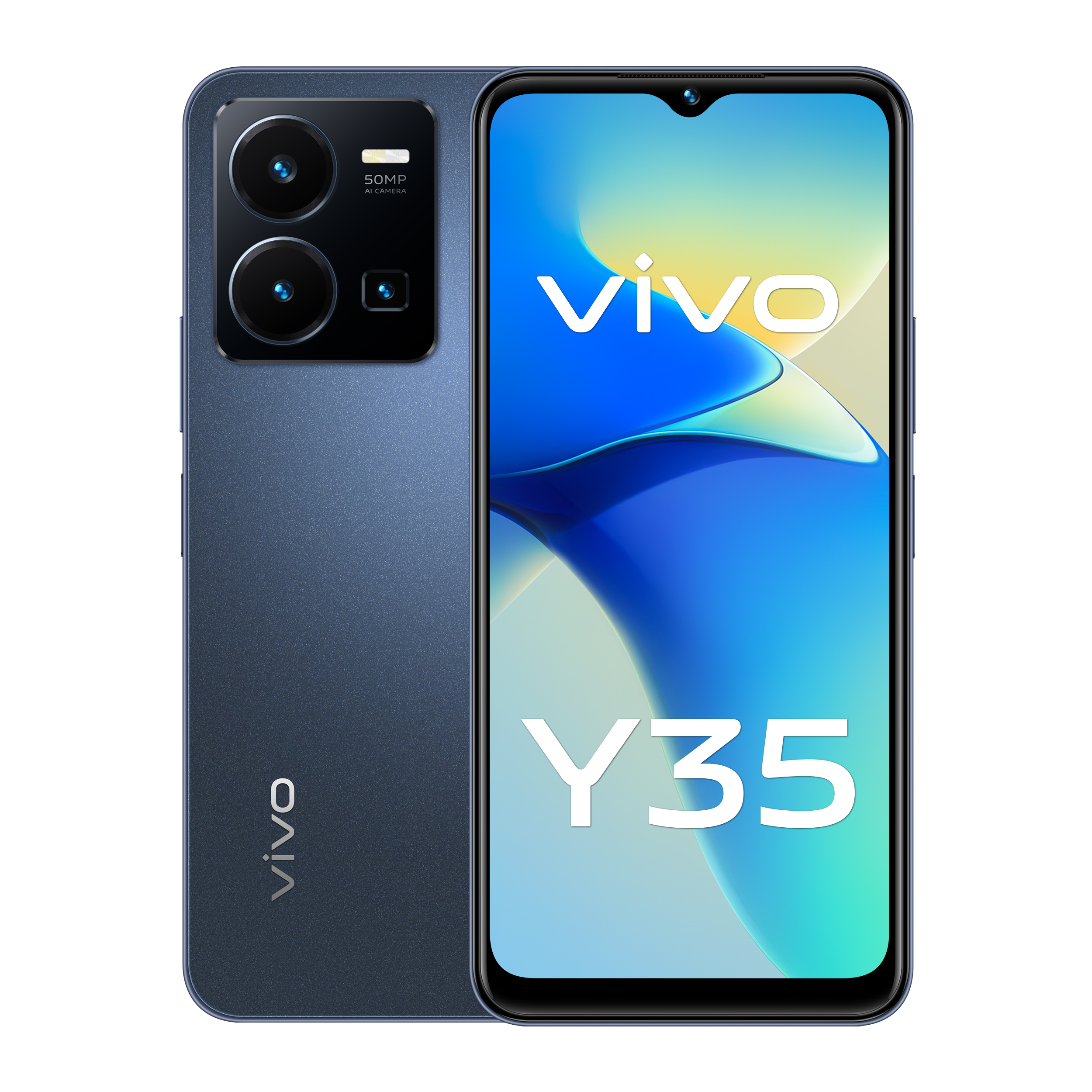 Mavi bir Vivo Y35 akıllı telefon, kameralarla arka tarafı ve ön ekranı gösteriyor.