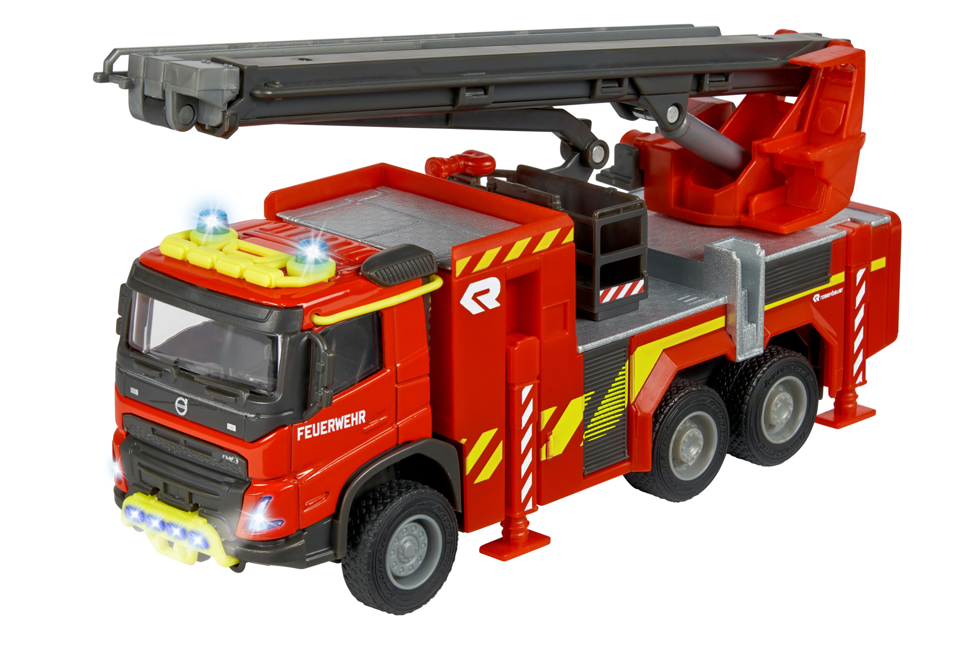 Ein rotes Feuerwehrauto-Spielzeug mit einer Leiter. Es hat das Wort 'FEUERWEHR' und Blinklichter. Die Leiter ist grau.