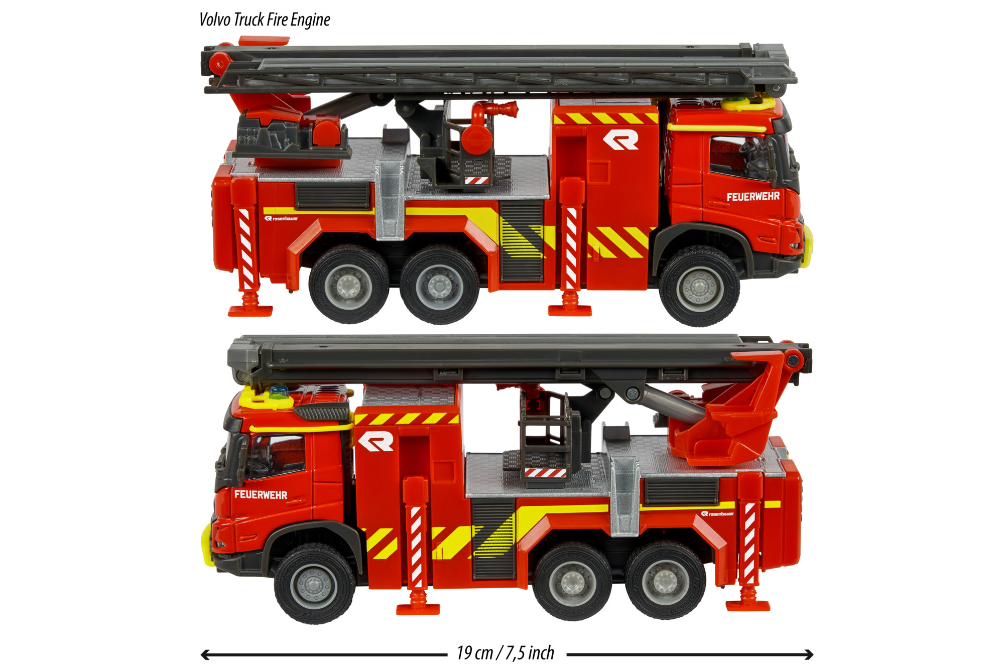 Zwei rote Volvo-Feuerwehrauto-Spielzeugmodelle mit Leitern, gelben Streifen und dem Wort FEUERWEHR. Messung: 19 cm / 7,5 Zoll.