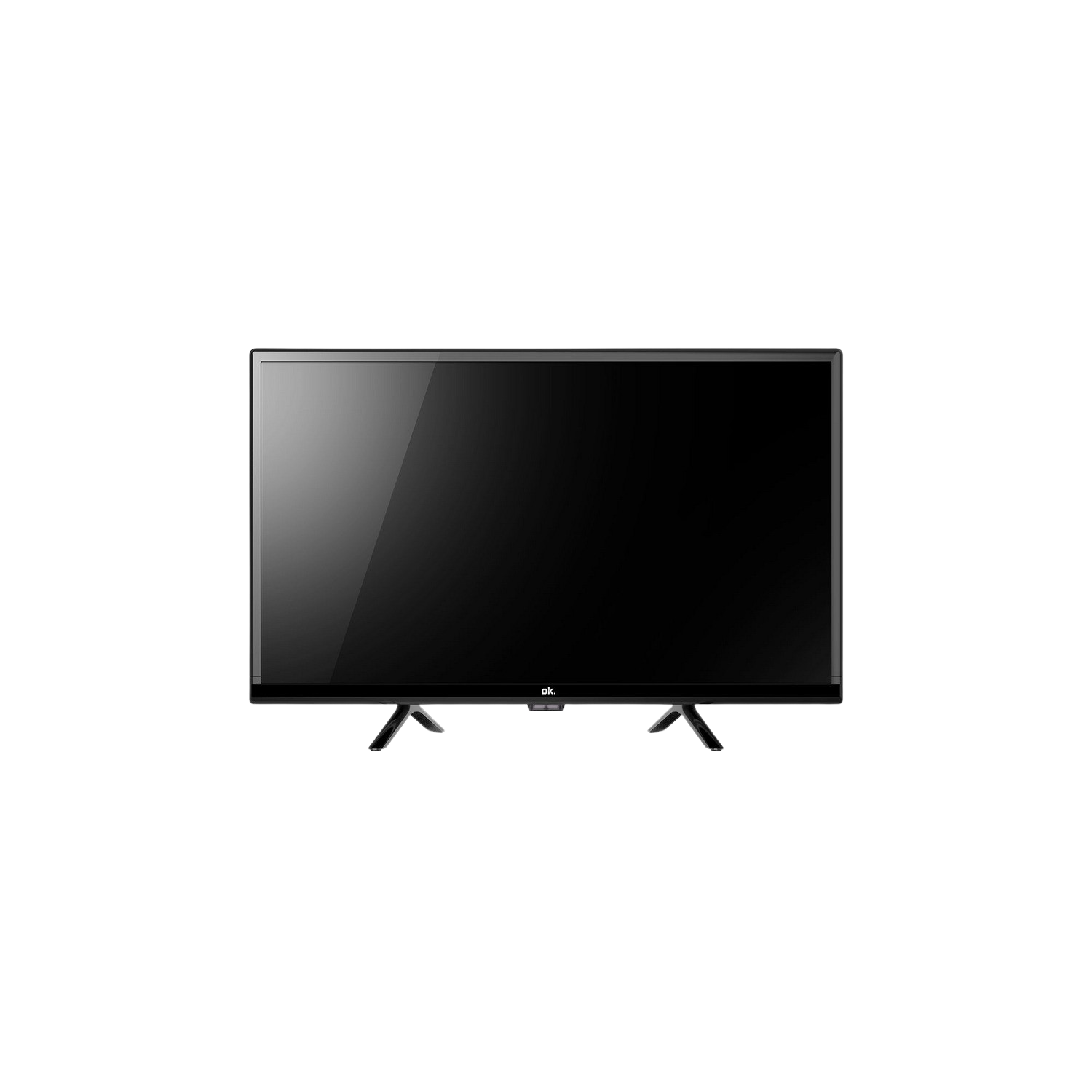Zwart scherm TV op een zwarte achtergrond, met twee zilveren poten. TCL logo.