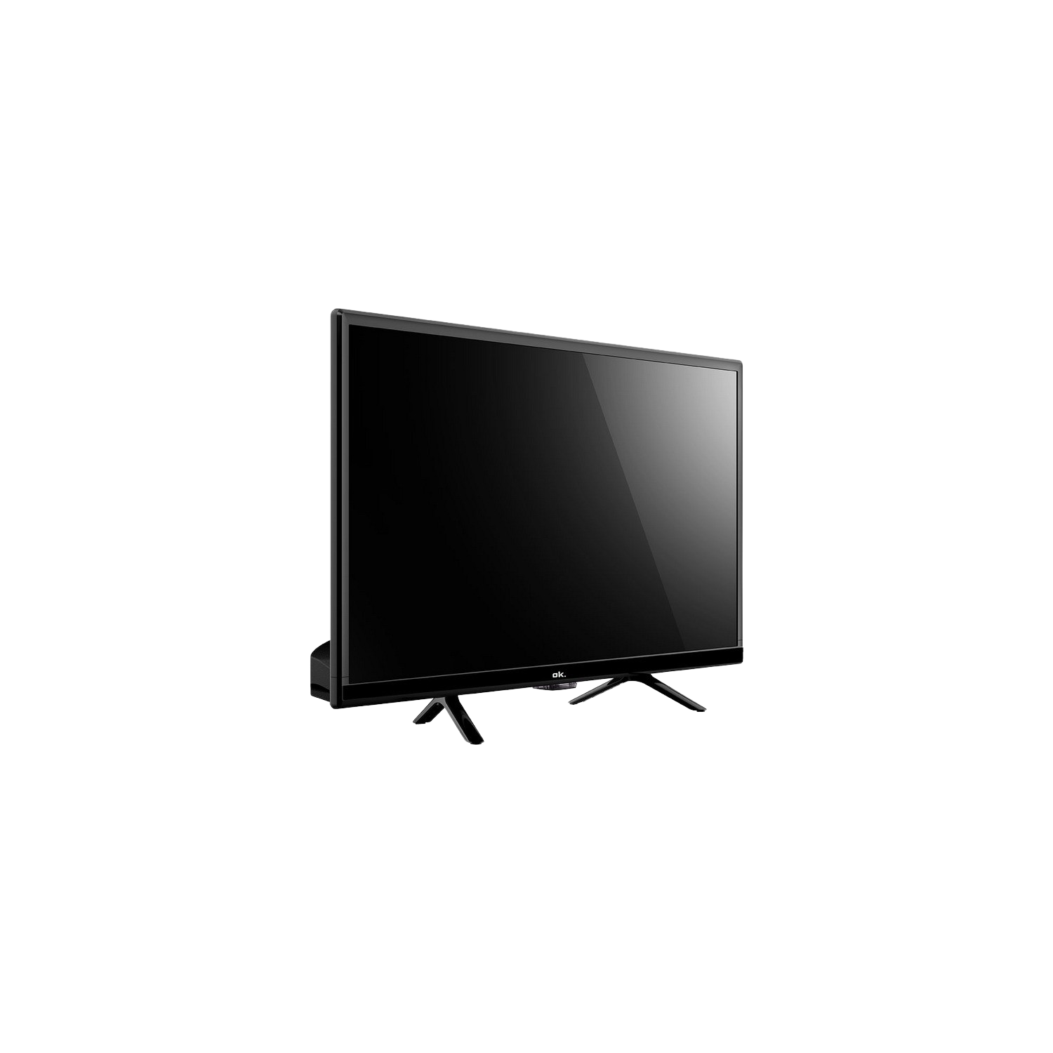 Zwarte flatscreen tv met standaard tegen een zwarte achtergrond.