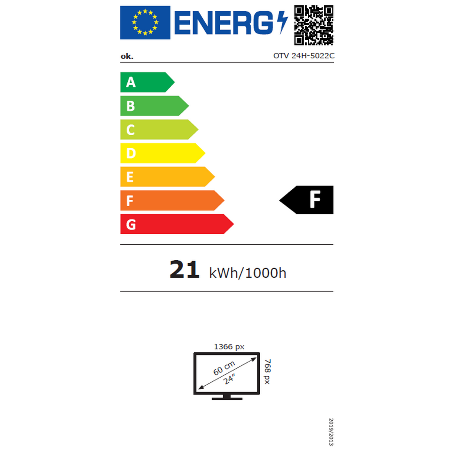 Energielabel voor een tv. Groene tot rode balken, A tot G. Toont energieverbruik, afmetingen en resolutie.