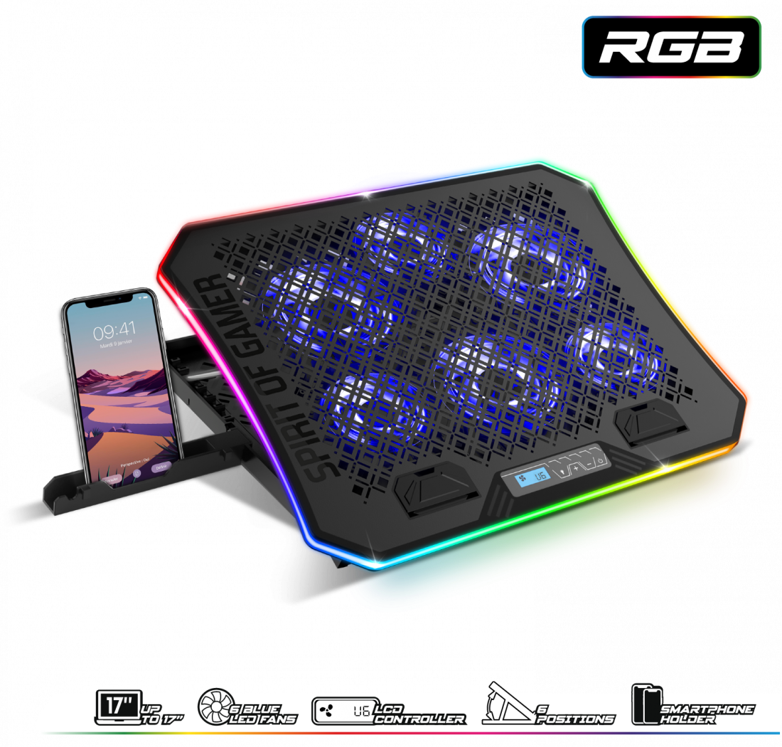 Gaming laptop hűtő RGB-világítással, okostelefonnal és kontrollerrel.