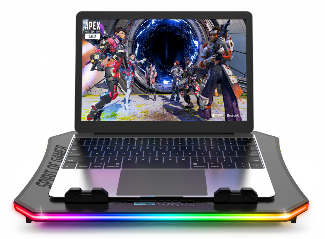 Laptop állványon, játékkal a képernyőn. Az állványon RGB-fények. Fekete laptop.