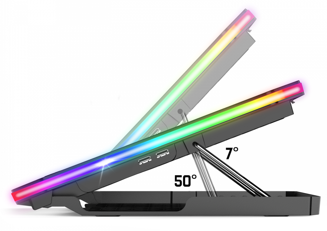 Laptop hűtőpad színes LED-es lámpákkal a széleken, szögben.