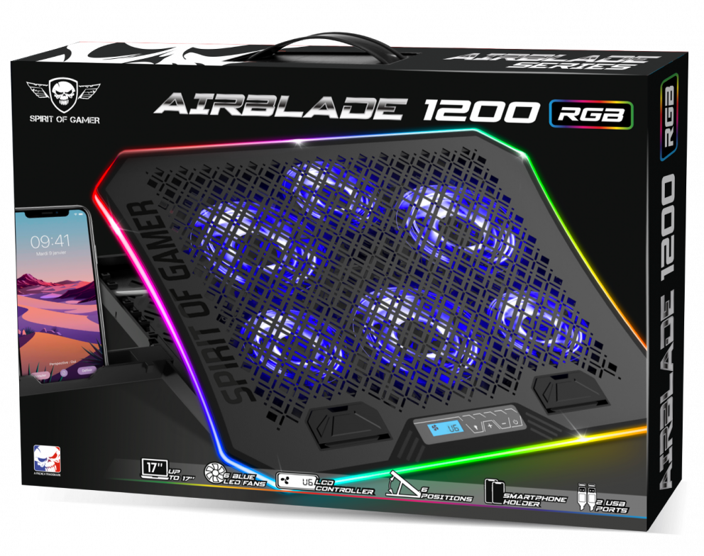 Fekete, dobozos laptop hűtő kék LED-es ventilátorokkal és okostelefon tartóval.