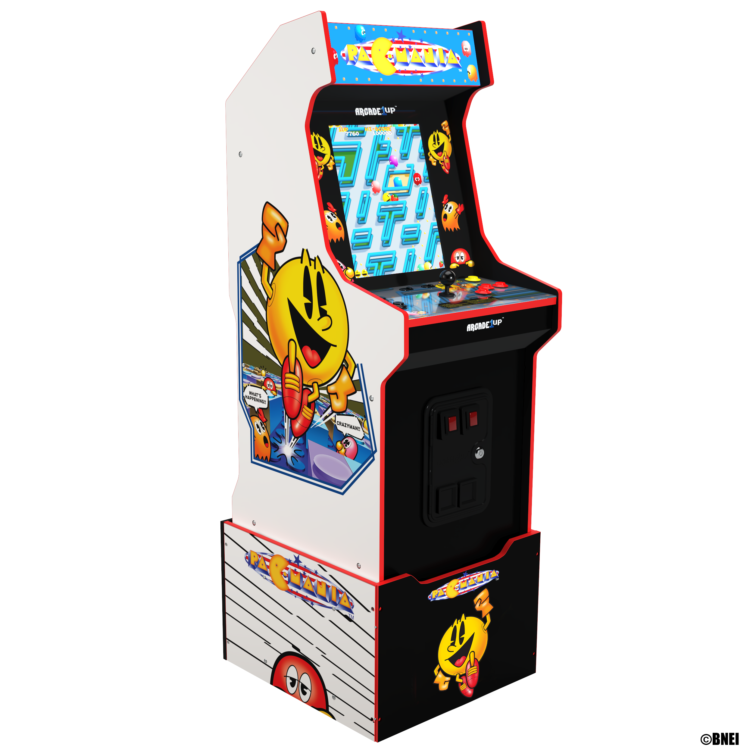 Arcade-Spielautomat mit Pac-Man-Grafiken. Weißes Gehäuse mit rotem Rand, schwarze Basis. Spielbildschirm sichtbar.