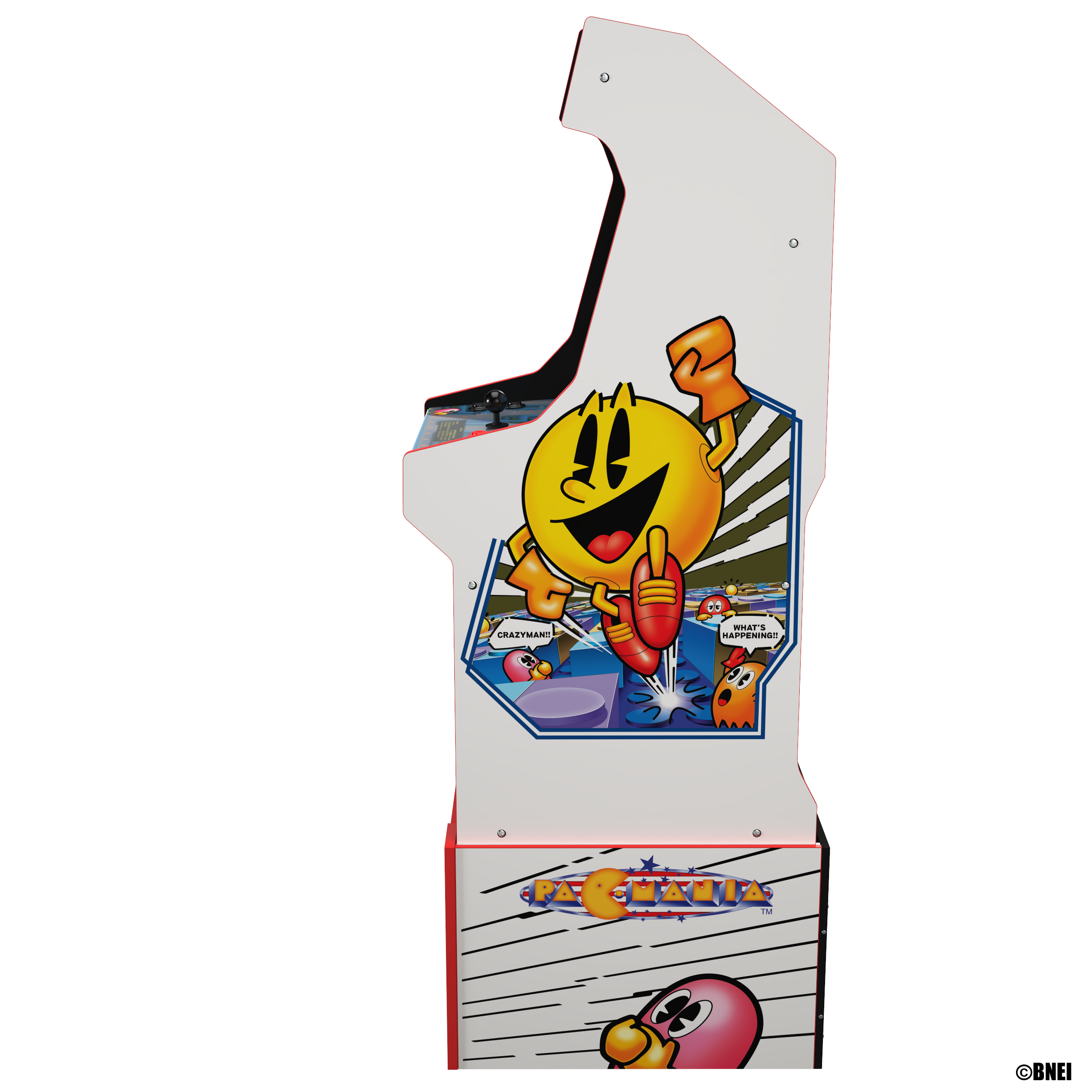 Spielautomat mit Pac-Man-Grafiken, gelber Figur, rotem Joystick und schwarzem Hintergrund.