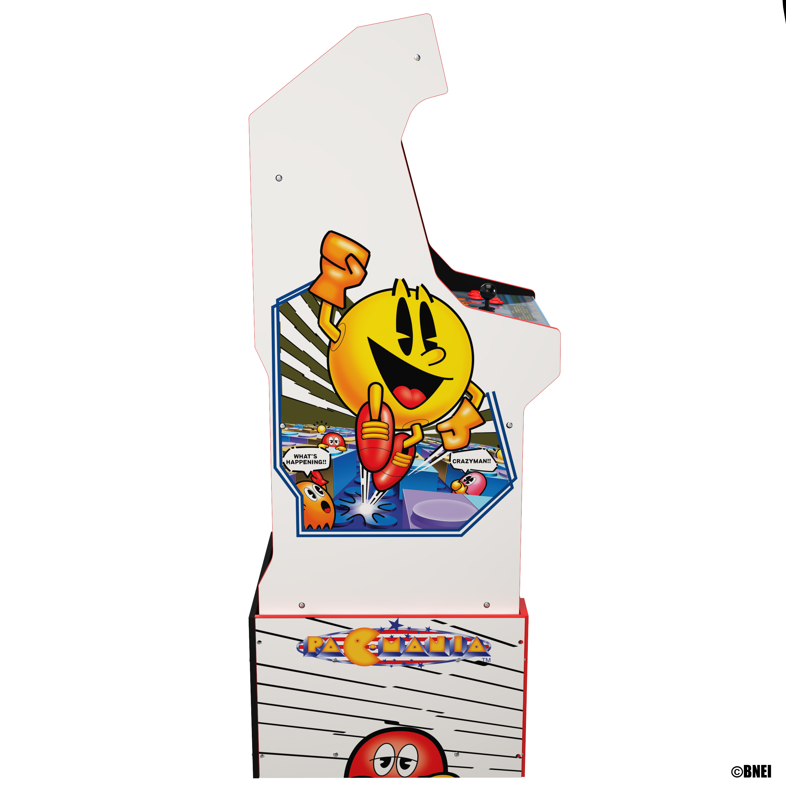 Ein Pac-Man-Spielautomat. Pac-Man läuft. Farben sind Gelb, Rot und Weiß.