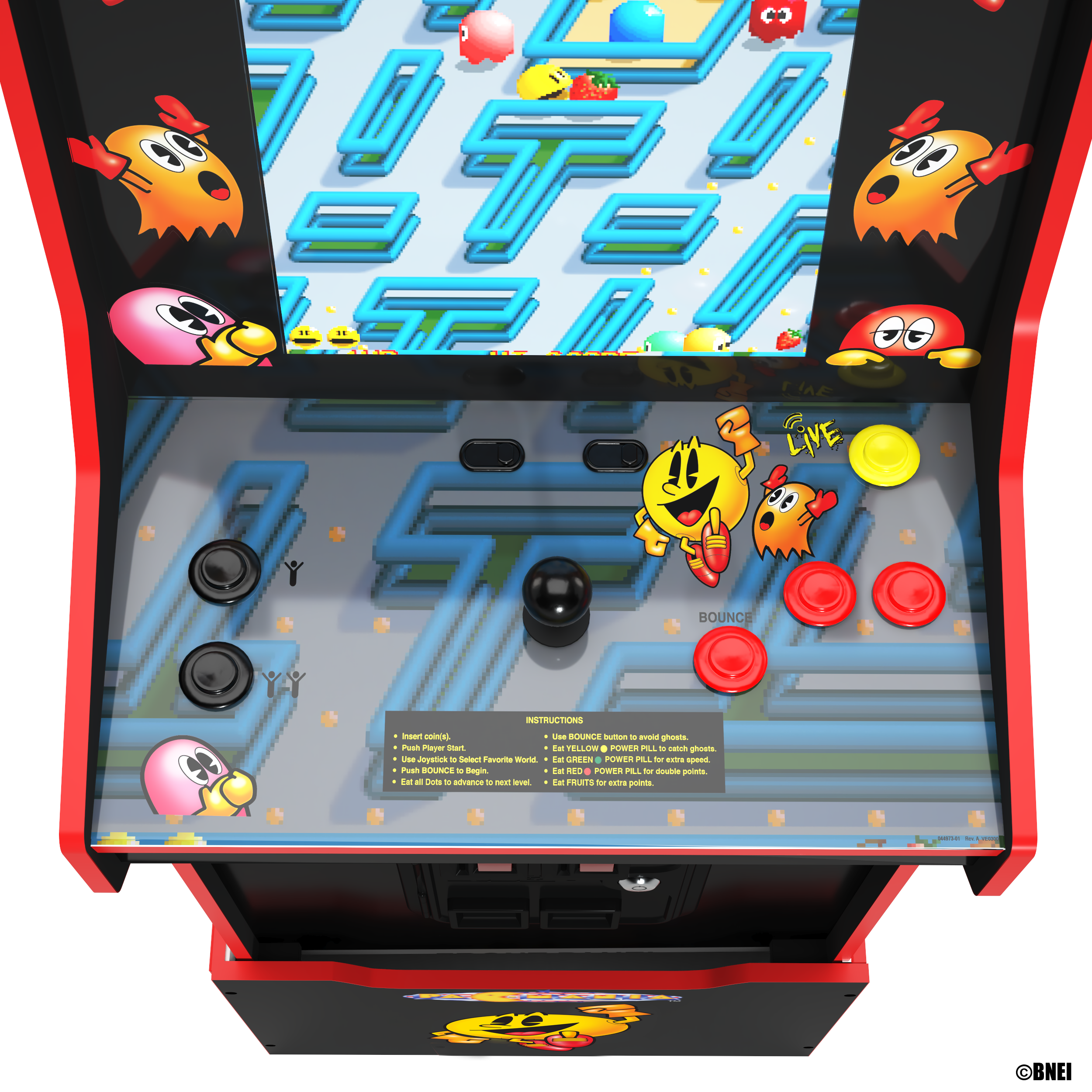 Arcade-Spiel. Pac-Man-Spielbildschirm mit Anweisungen und dekorativen Elementen.
