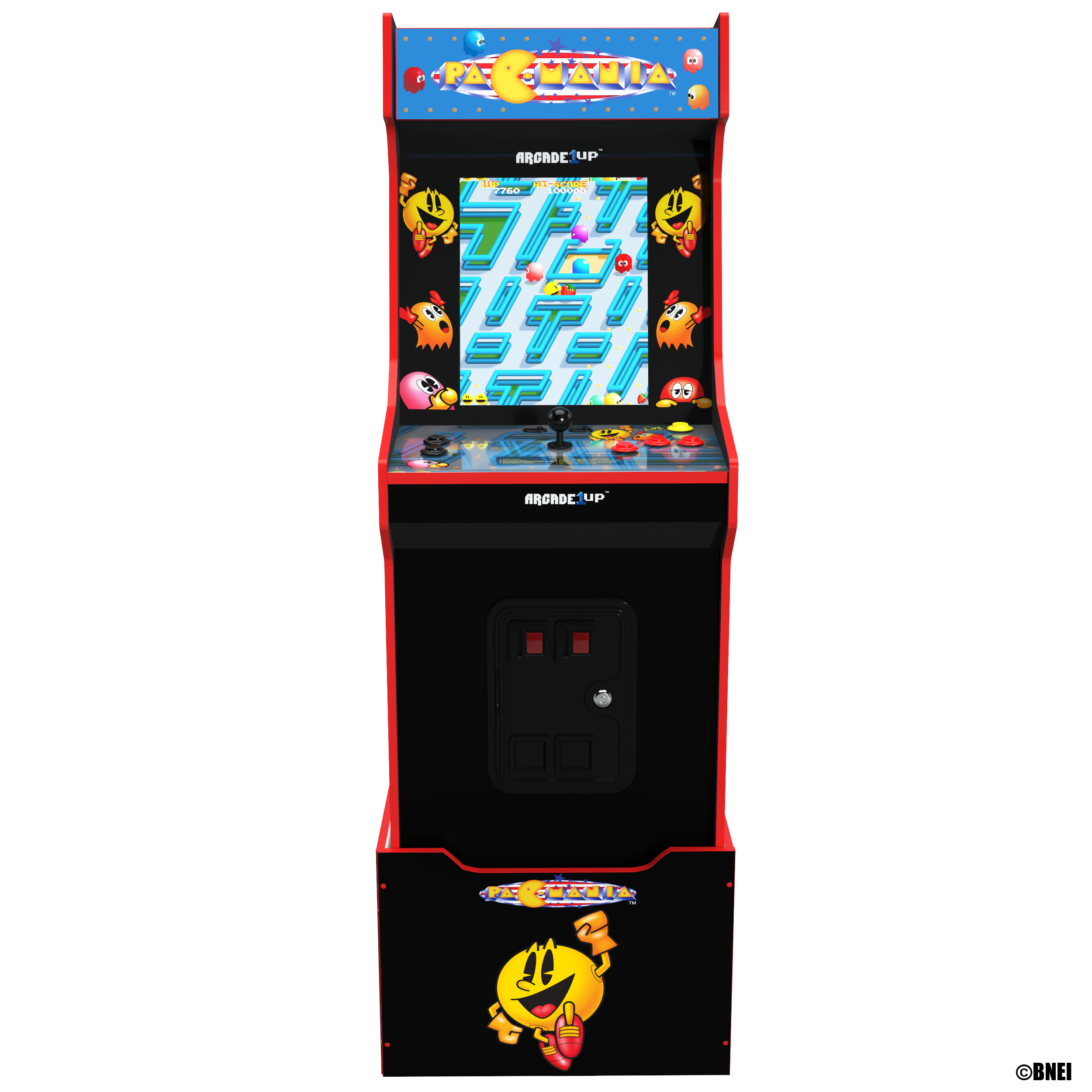 Arcade-Spielautomat. Ein Pac-Man-Spiel wird auf dem Bildschirm angezeigt.