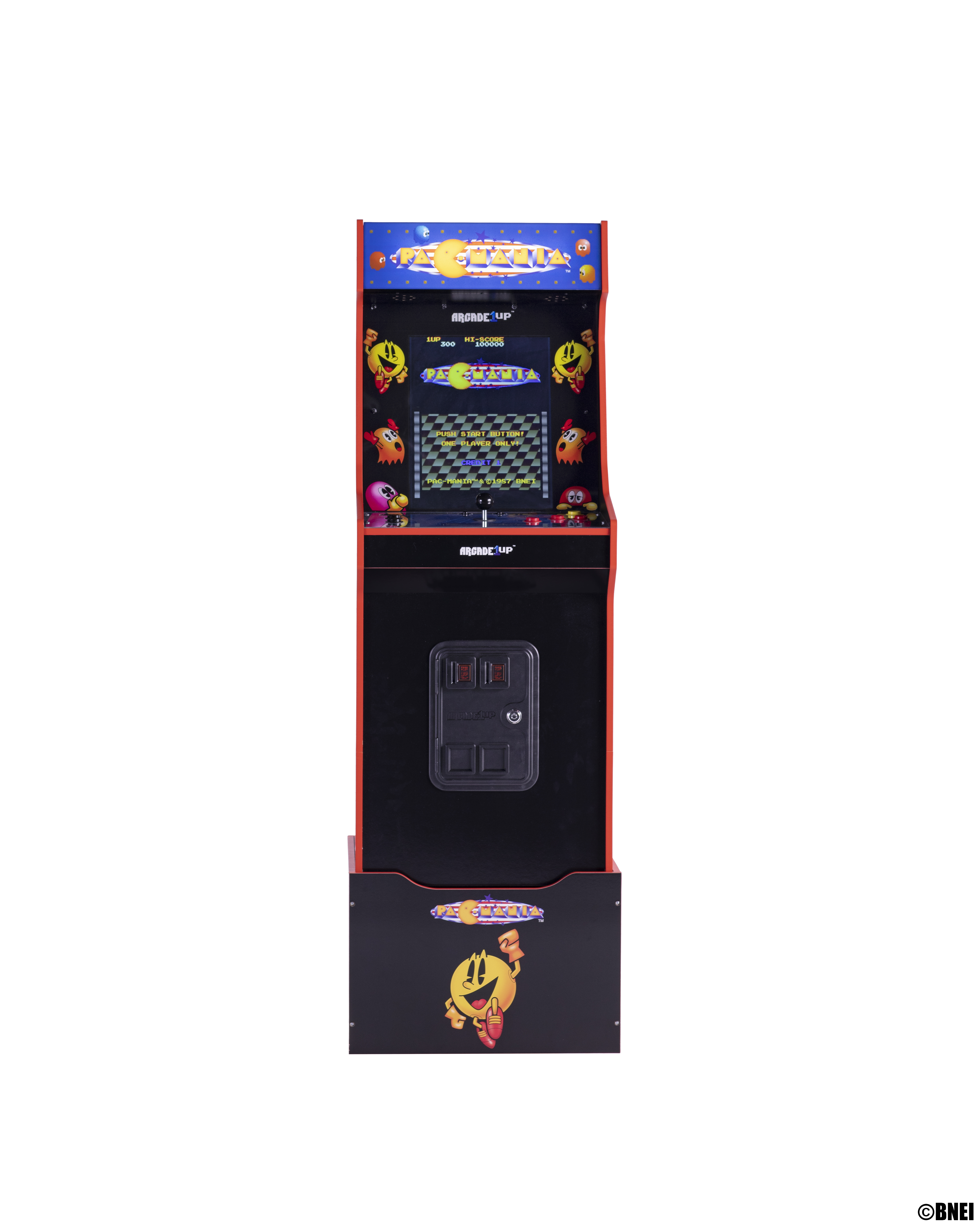 Aufrechte Spielhallenmaschine mit Pac-Man-Motiv.