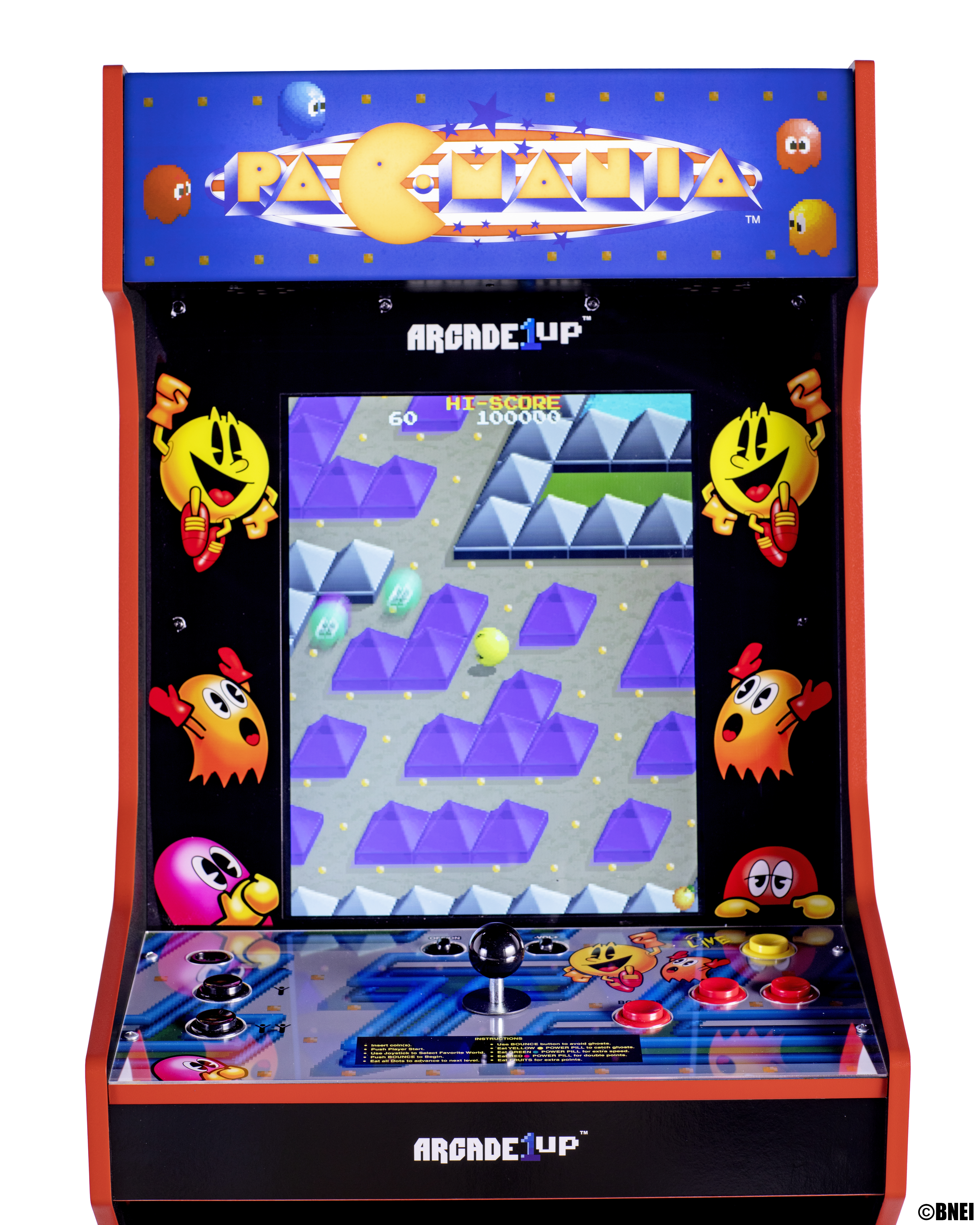 Spielautomat mit Pac-Man-Bildschirm, Joystick und Knöpfen, rote und blaue Farben.