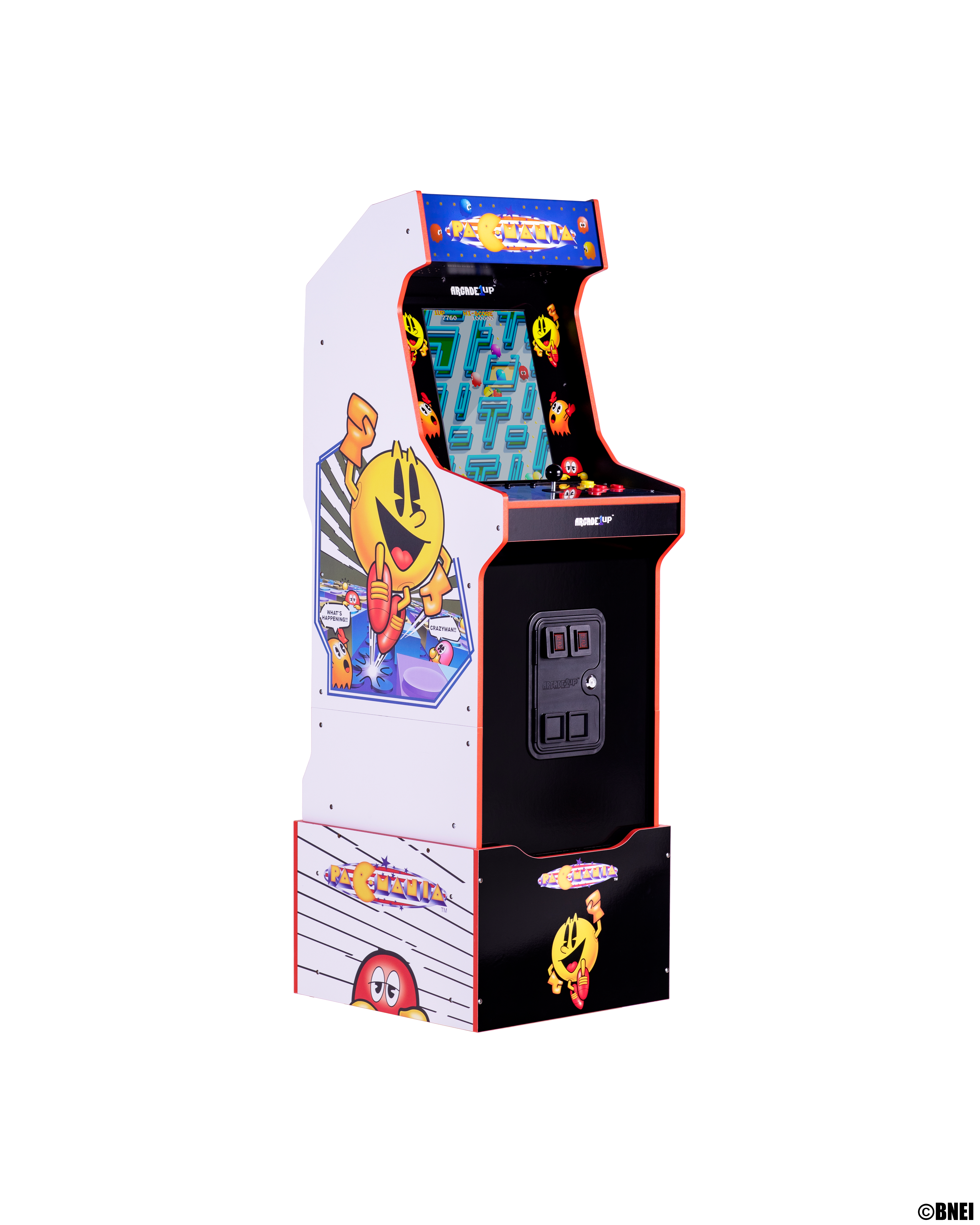 Spielautomat mit Pac-Man-Grafiken. Die Maschine ist weiß, schwarz und rot. Der Hintergrund ist weiß.