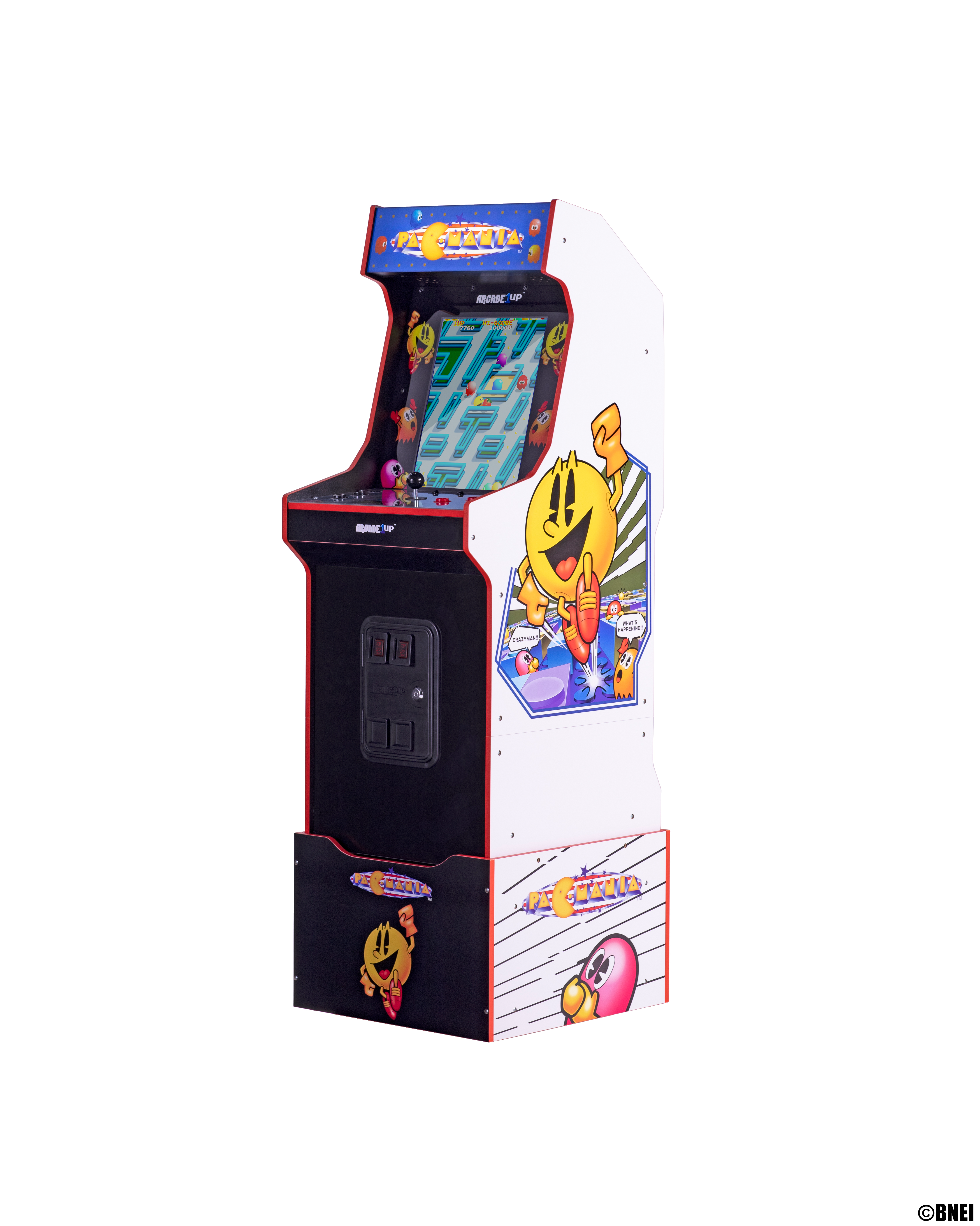 Eine Pac-Man-Spielhallenmaschine. Sie ist weiß und schwarz mit Pac-Man-Grafiken.