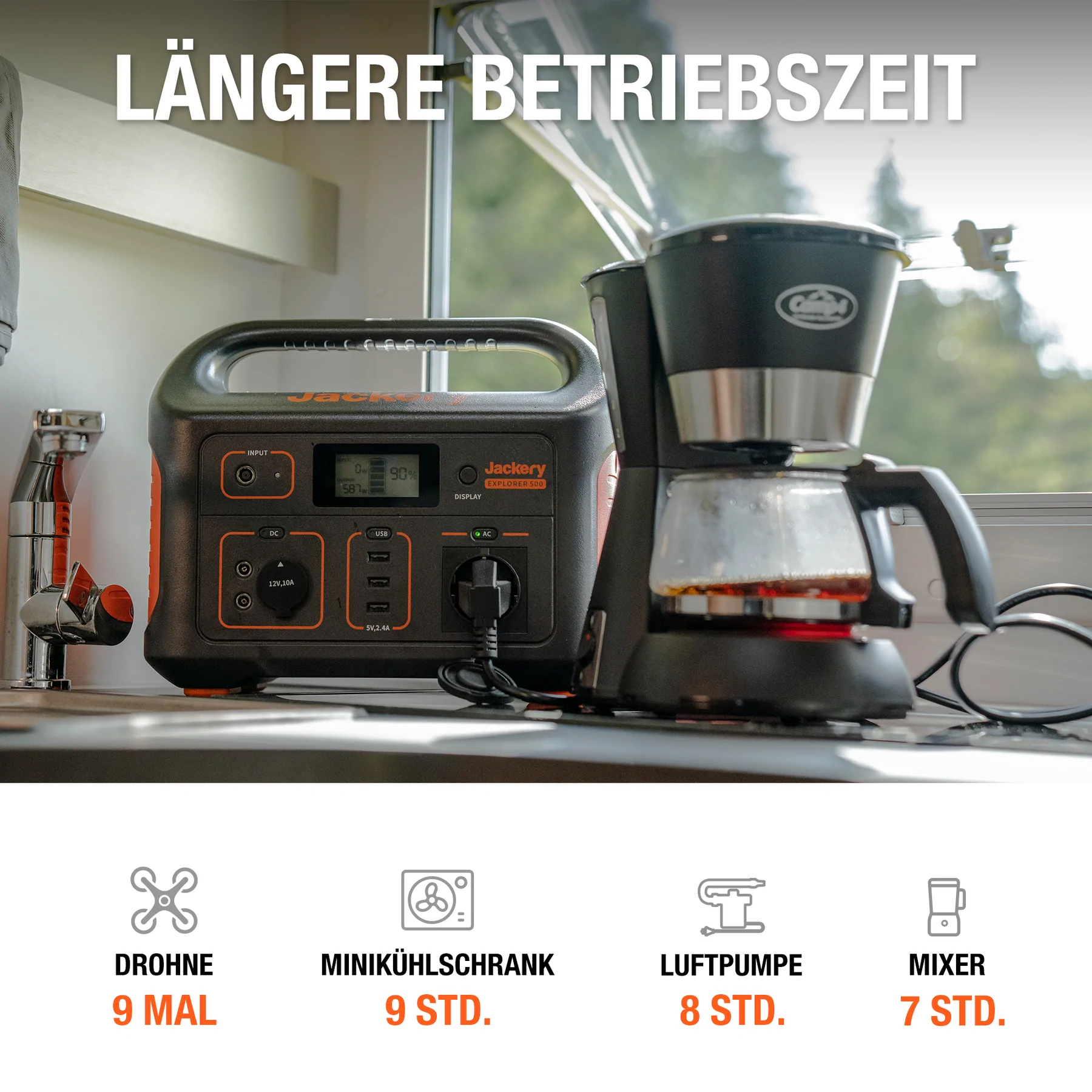 Jackery Explorer 500, tragbare Powerstation mit Kaffeemaschine.