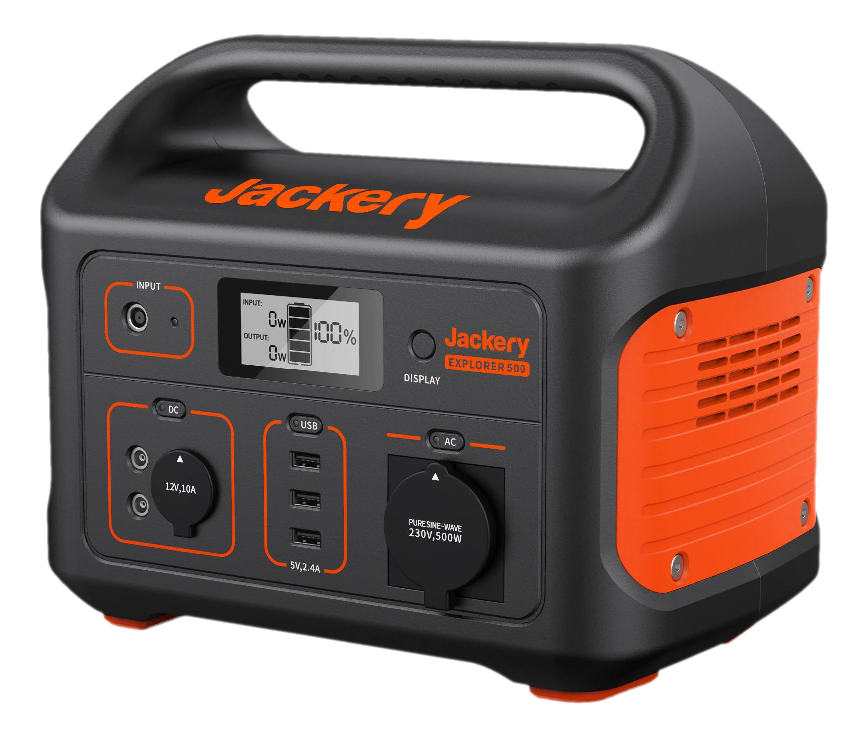 Jackery Explorer 500, tragbare Powerstation, schwarz und orange.