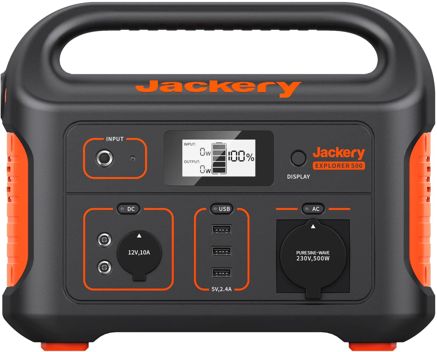 Jackery Explorer 500 Powerstation, schwarz und orange, Vorderansicht.