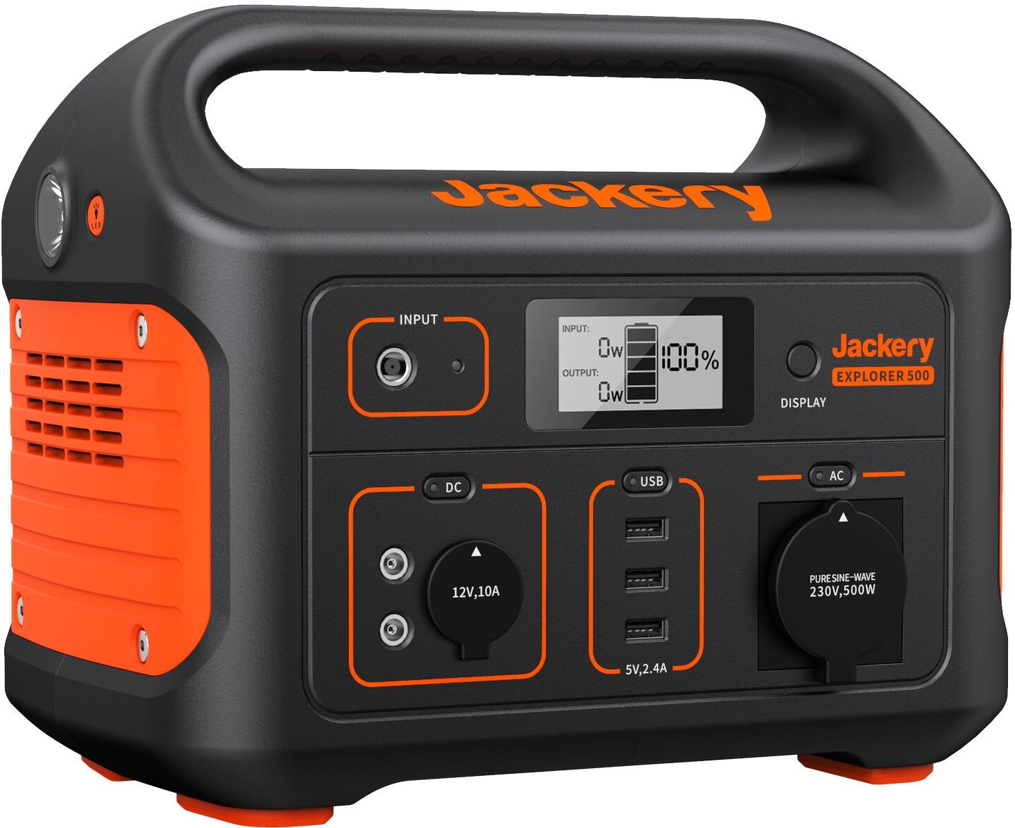 Schwarze und orangefarbene Jackery Explorer 500 Powerstation. Zeigt Leistung und Anschlüsse an.