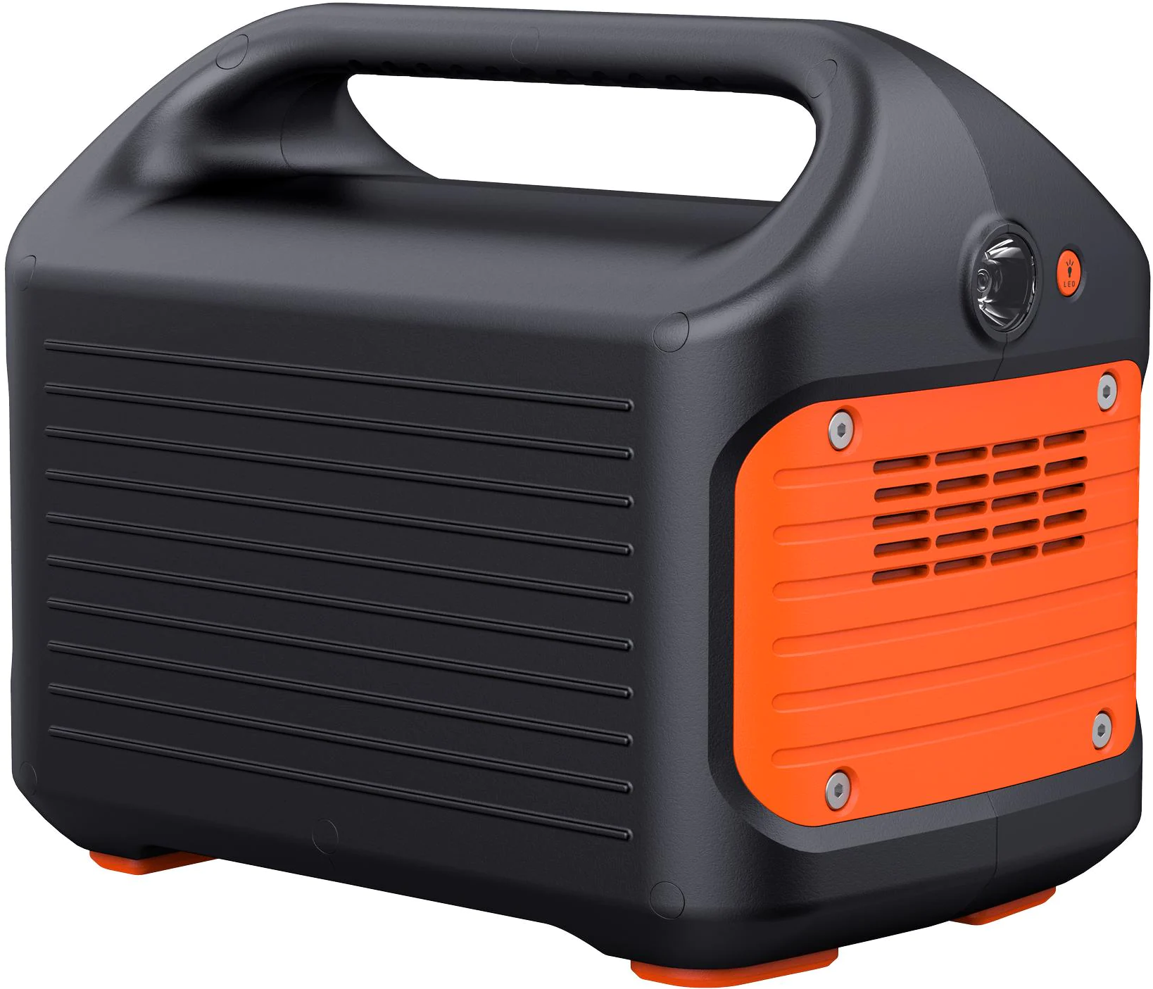 Schwarzer und oranger Jackery Explorer 500. Er hat einen Griff oben und Anschlüsse vorne.