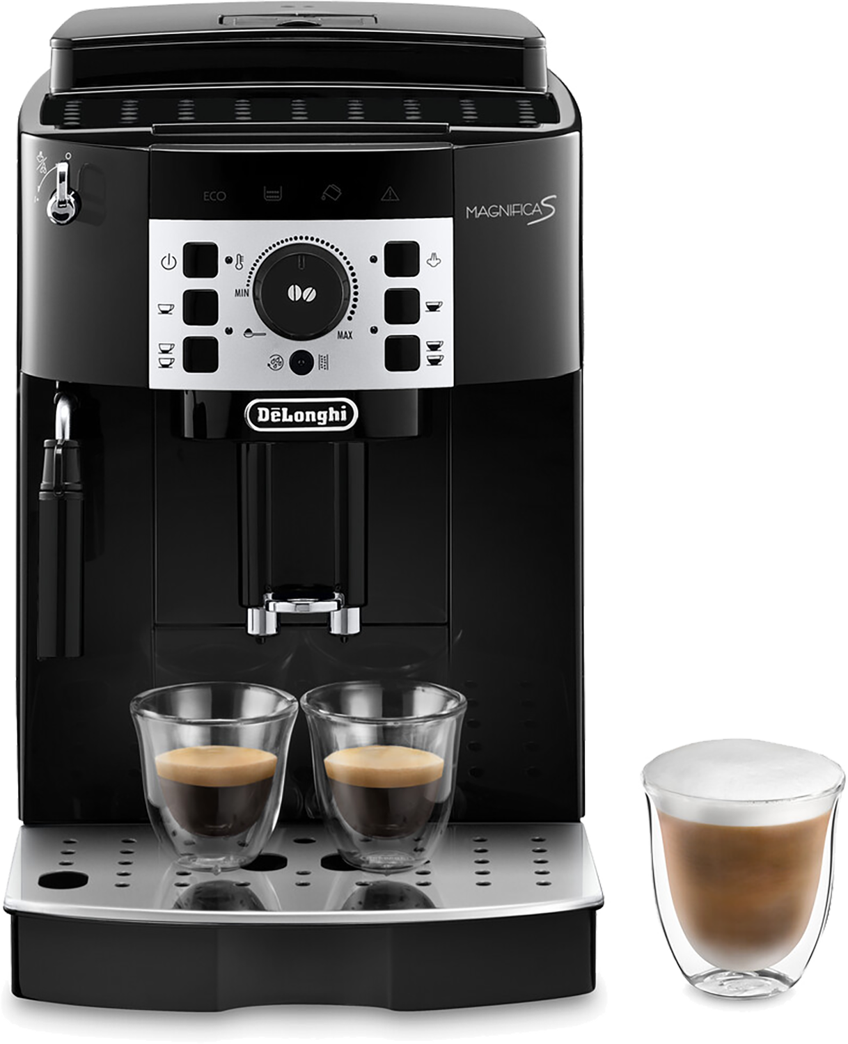Zwarte en zilveren DeLonghi Magnifica S espressomachine met twee espresso's en een latte.