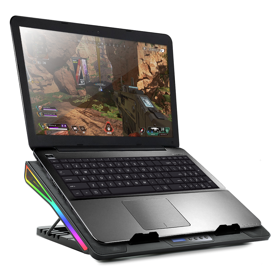 Laptop állványon, játékkal. Az állvány színes fényekkel rendelkezik.