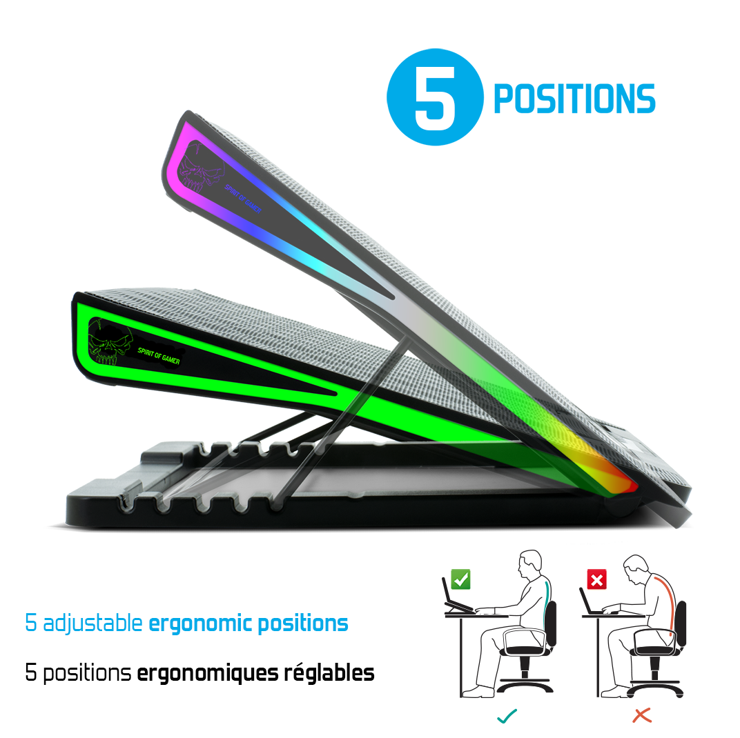 Fekete laptopállvány LED-fényekkel, 5 pozícióban állítható. Helyes és helytelen ergonómiai testtartást mutat.