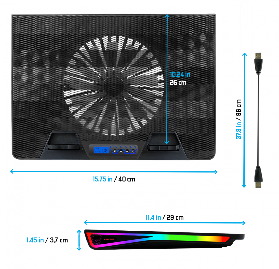 Egy fekete laptop hűtő, méretekkel és USB-kábellel.