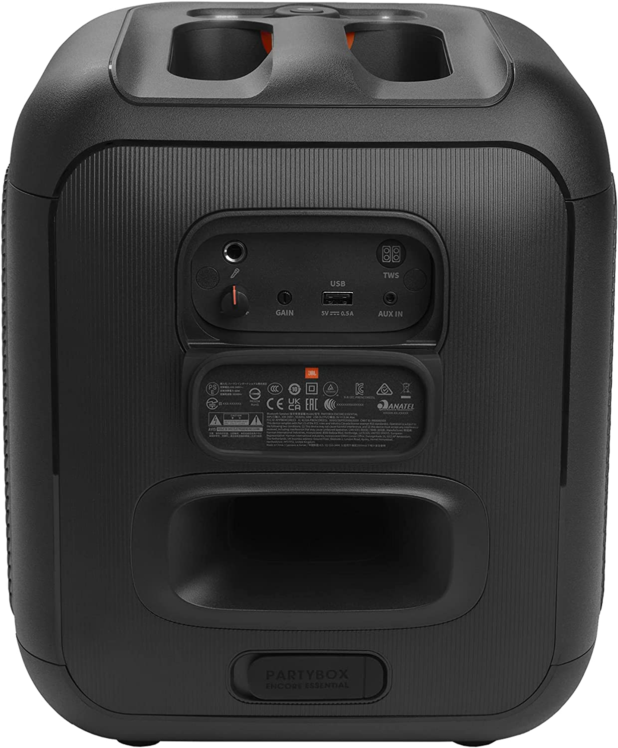 Altavoz negro con varios puertos en la parte trasera. La marca es visible.
