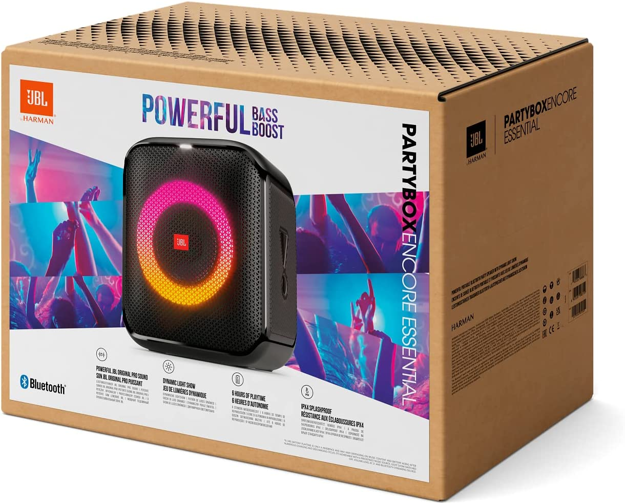 Una caja con un altavoz JBL. El altavoz tiene un anillo de luces de colores a su alrededor.