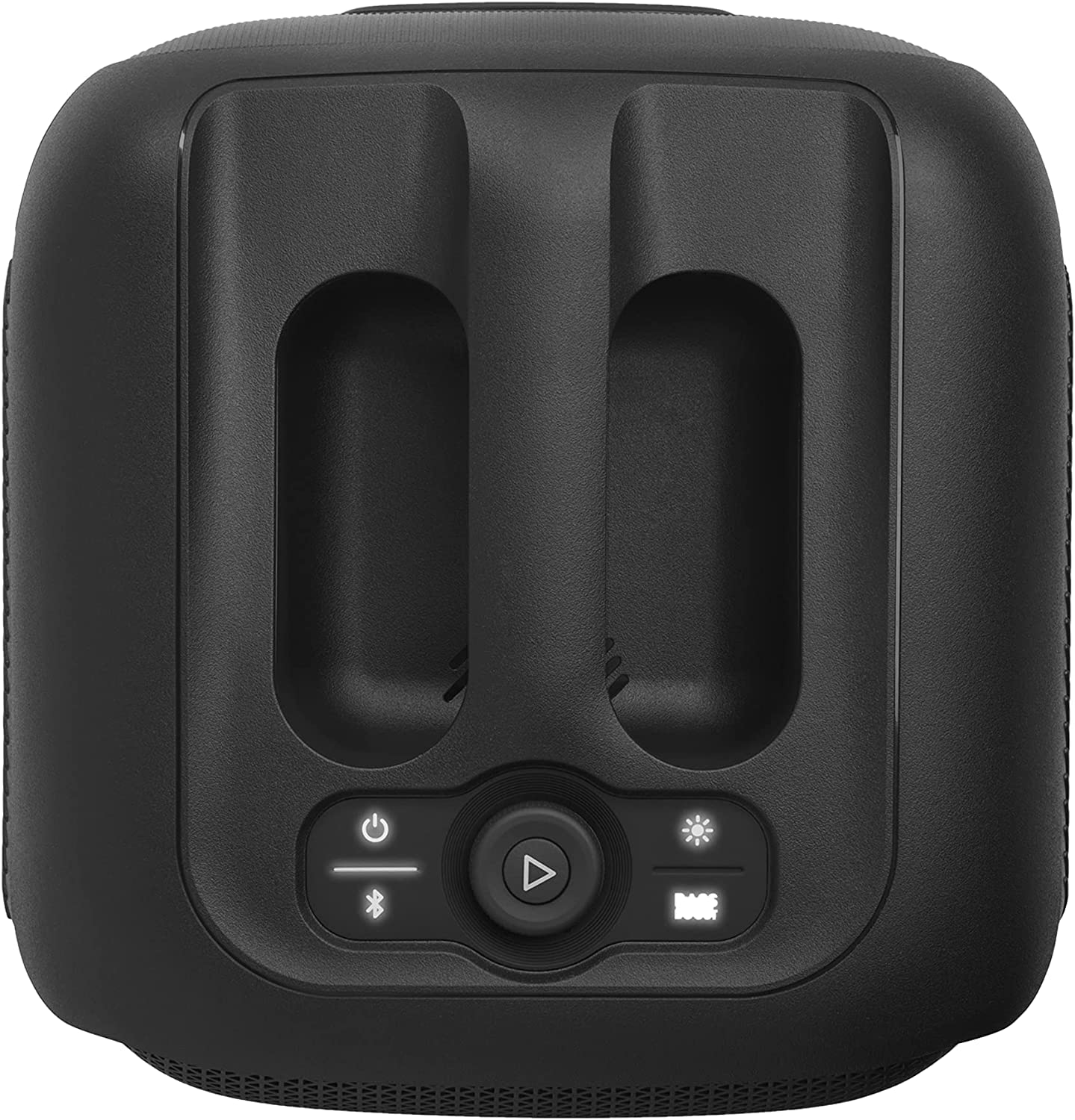 Altavoz portátil negro con botones. Controles de reproducción, encendido/apagado y luz visibles.