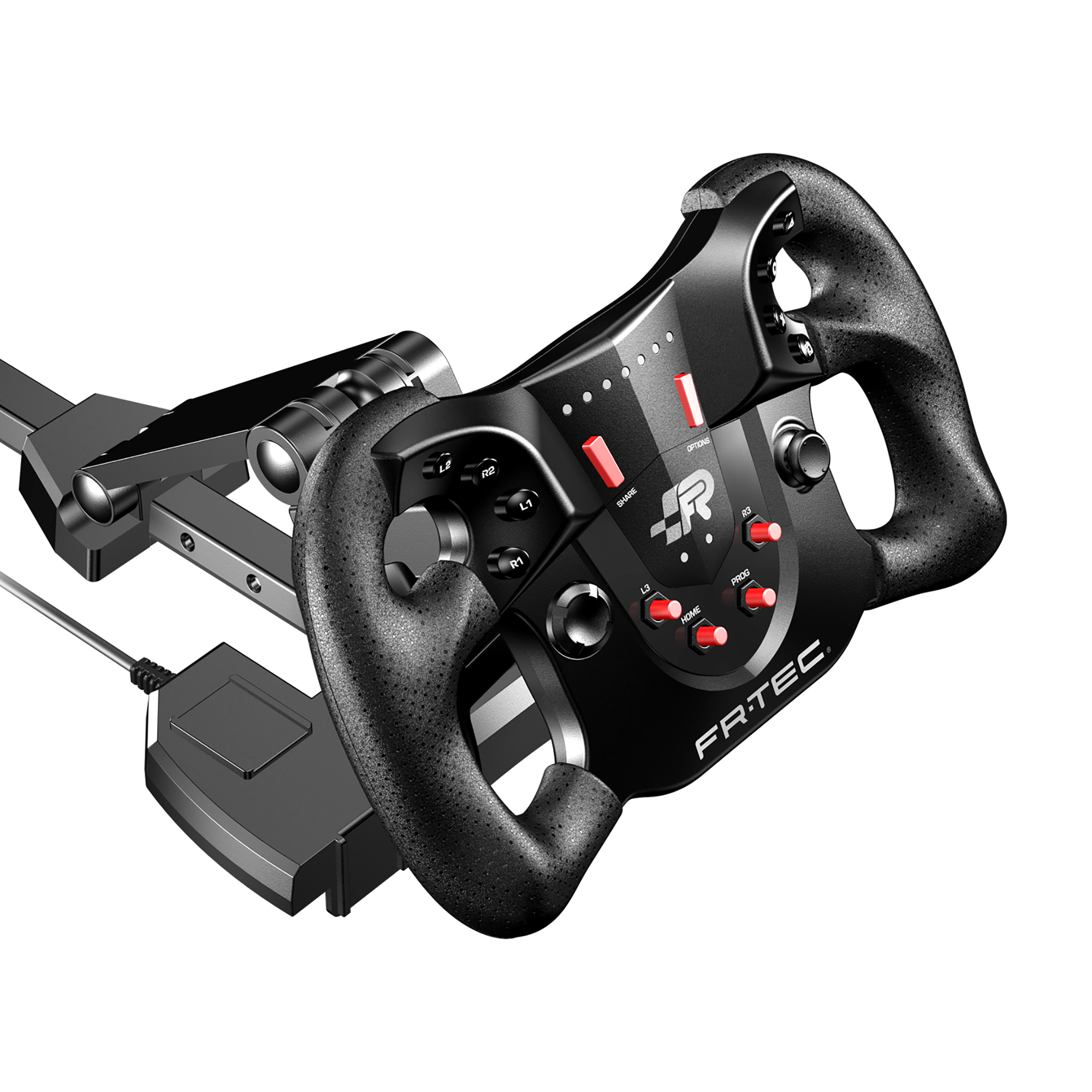 Un volante de carreras con botones y controles. Está conectado a una base.