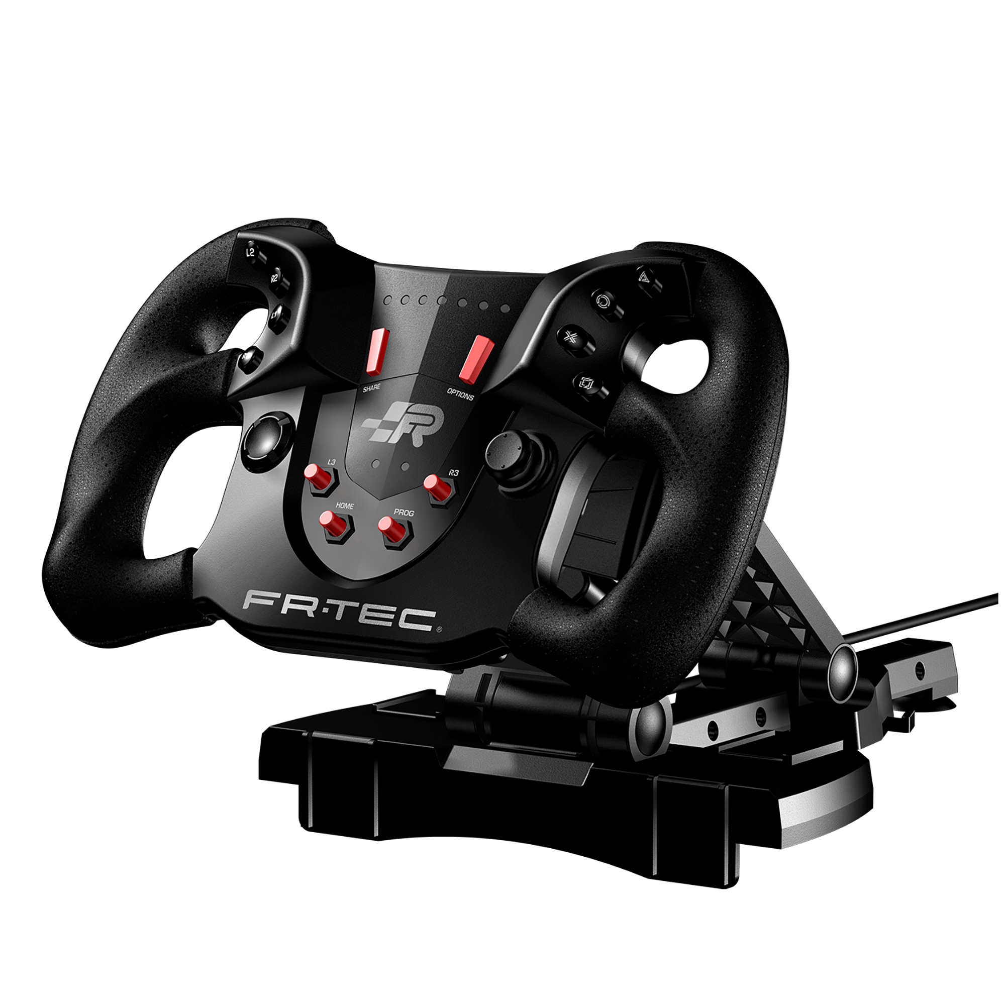 Volante de carreras FR-TEC negro con botones y palancas, montado sobre un soporte negro. Fondo blanco.