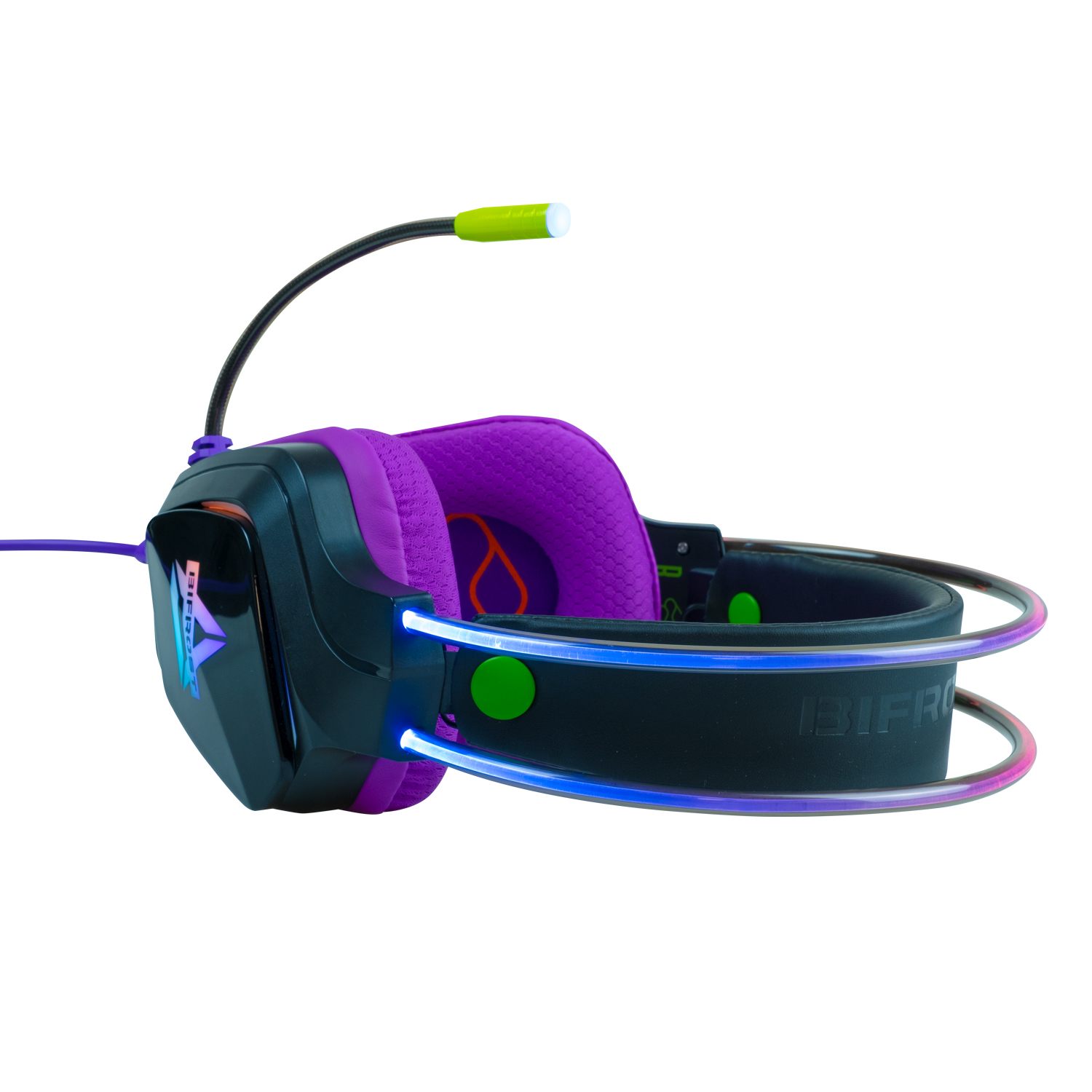 Auriculares para juegos con copas moradas, micrófono y acentos de iluminación neón azul y rosa.