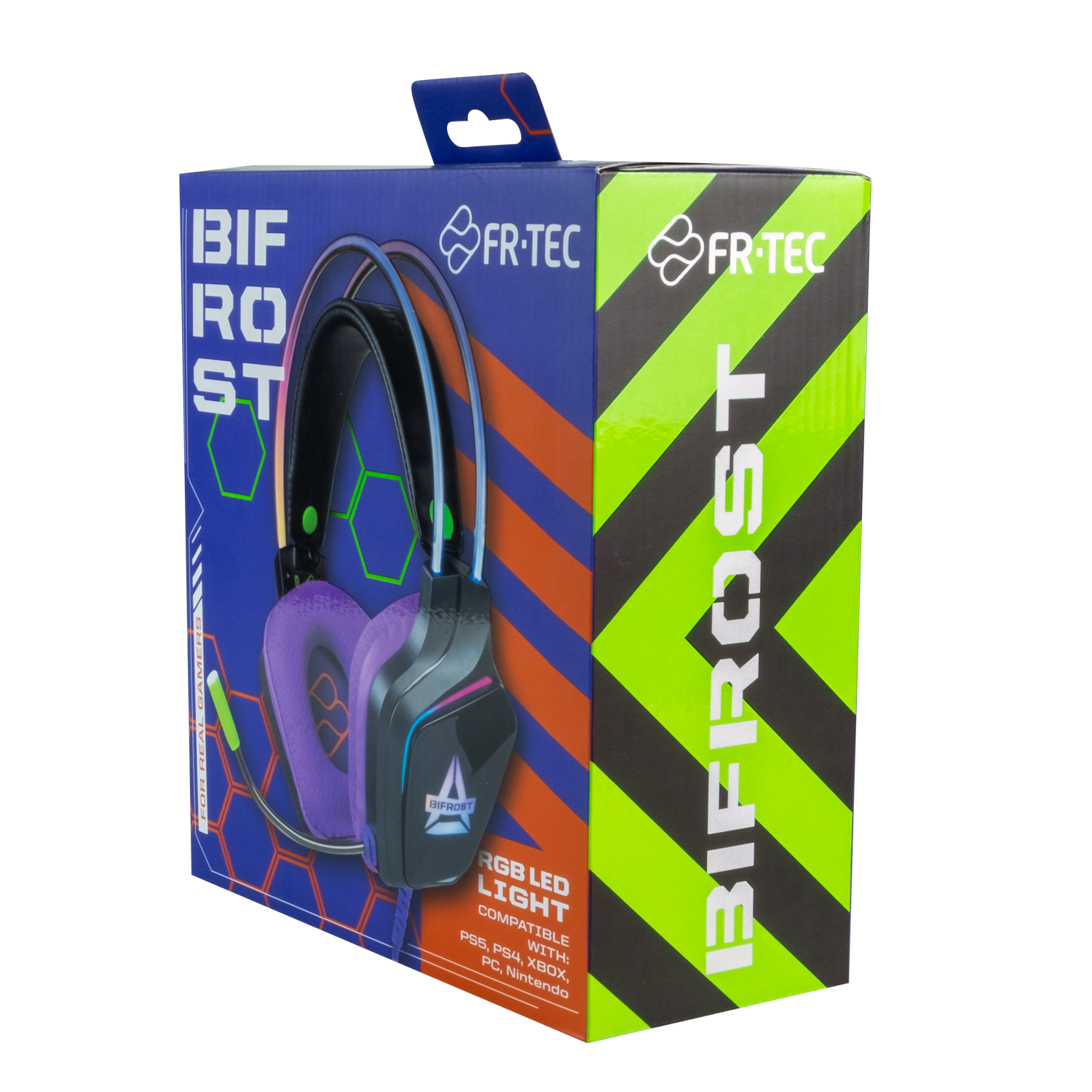 Caja de auriculares con la palabra BIFROST en letras verdes grandes. Auriculares mostrados en el frente.