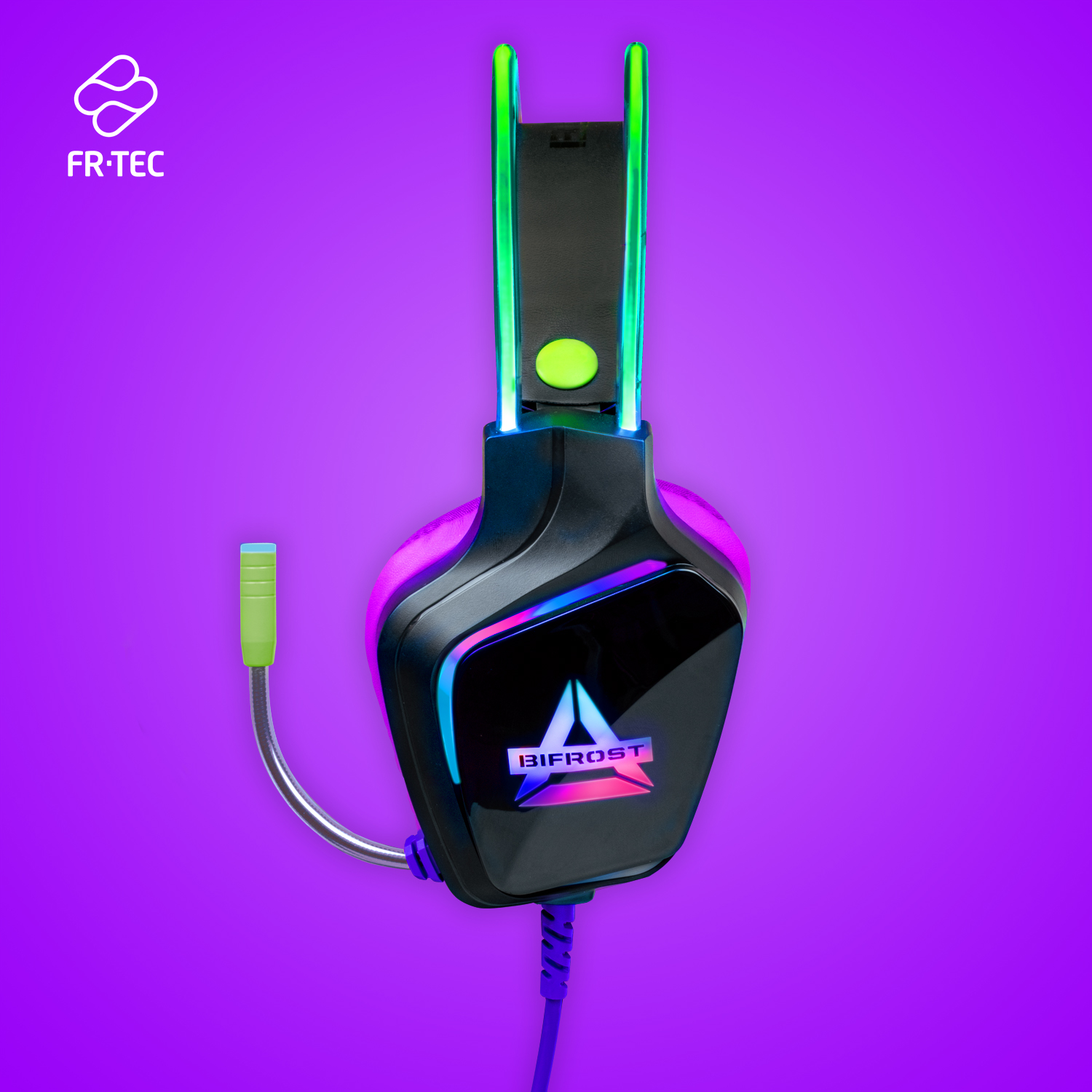 Auriculares negros y verde neón con micrófono, sobre fondo morado.