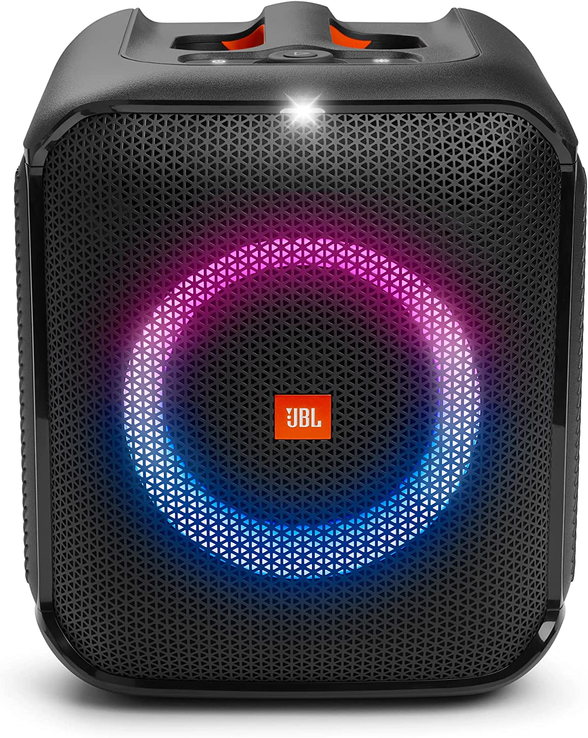 Altavoz JBL negro con un anillo brillante de luz rosa y azul.