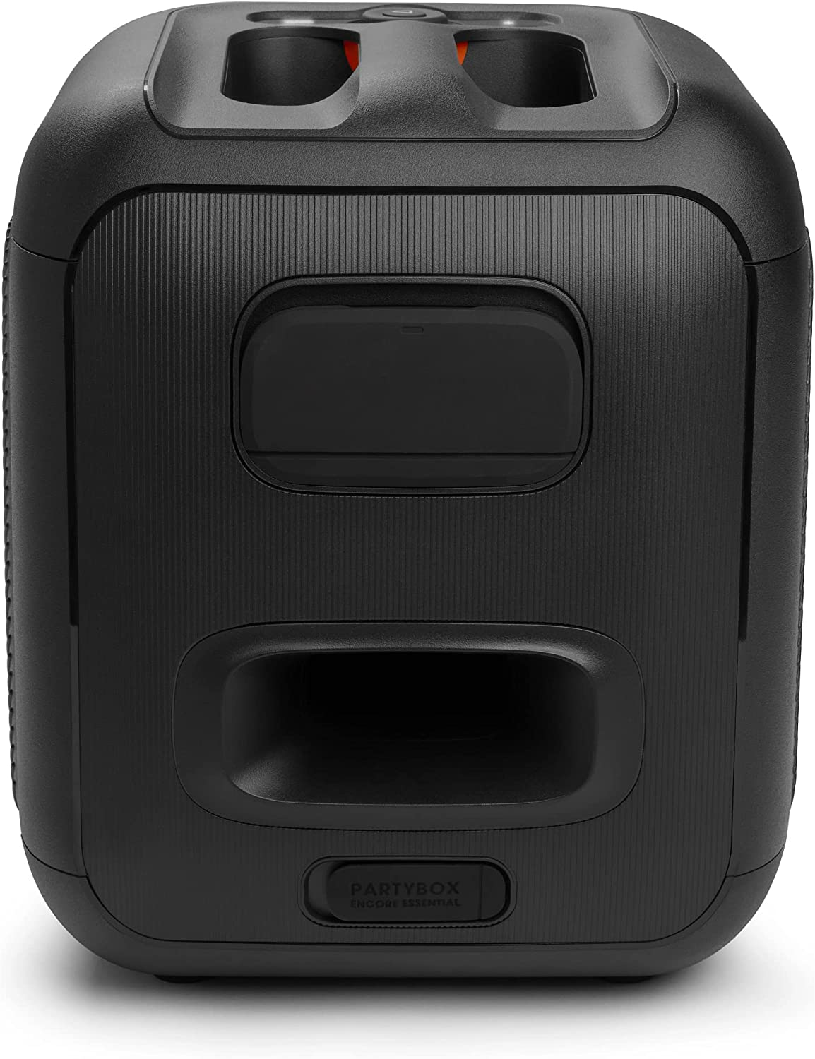 Altavoz negro con un diseño rectangular. Hay un asa y un puerto para la Partybox.