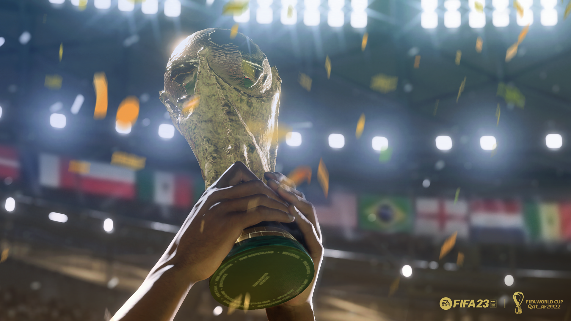 Mains tenant le trophée de la Coupe du Monde de la FIFA. Le stade est en arrière-plan avec des drapeaux.