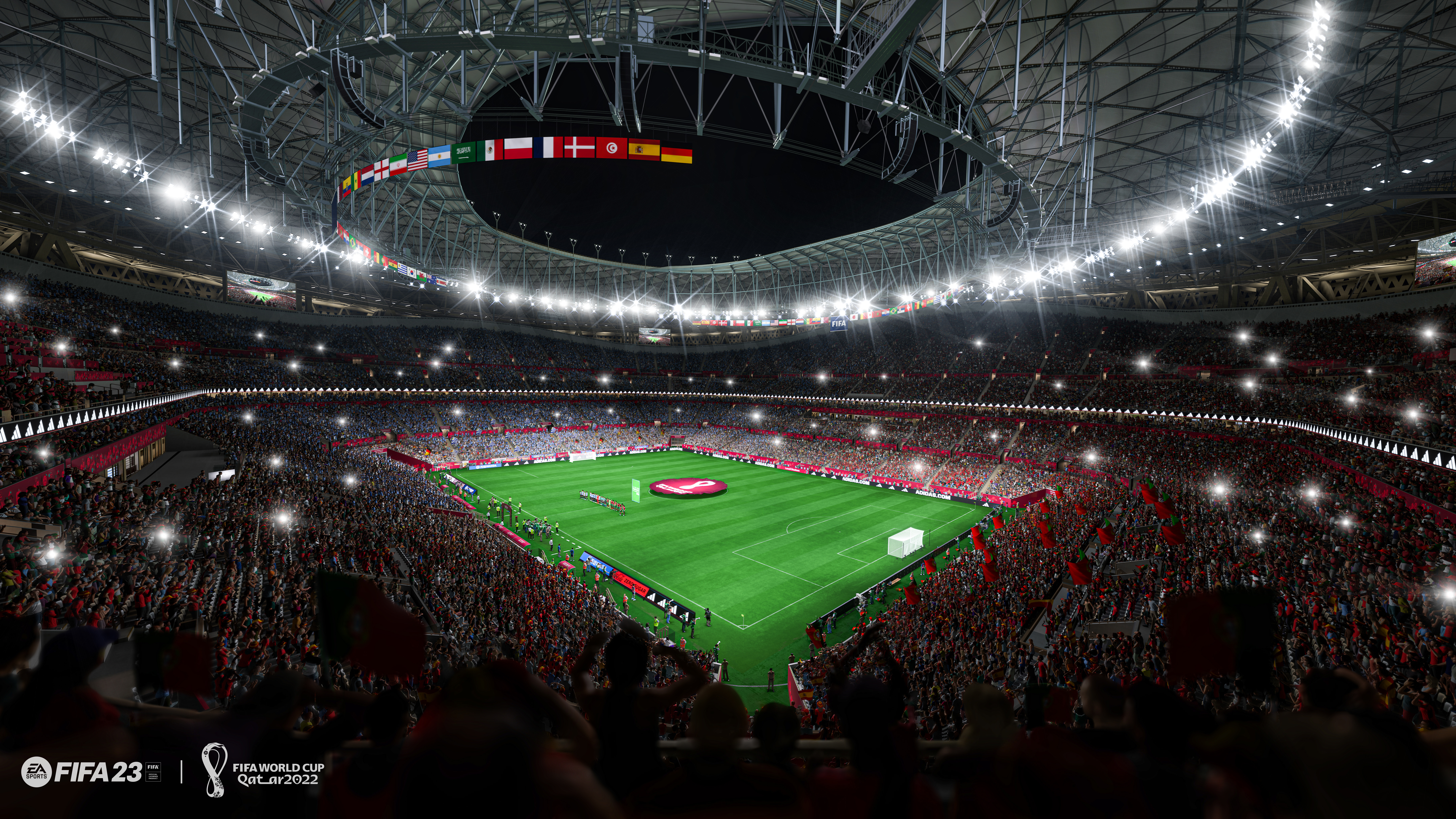Un stade de football rempli de fans. Des drapeaux de différents pays. Le terrain est vert, avec des joueurs et un emblème brillant.
