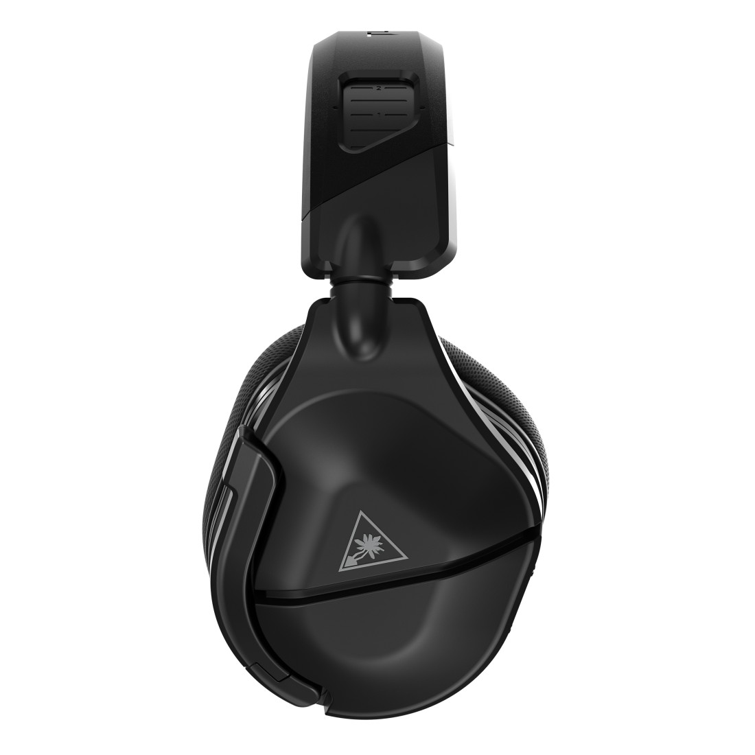 Schwarze Gaming-Kopfhörer mit Mikrofonarm und Logo.